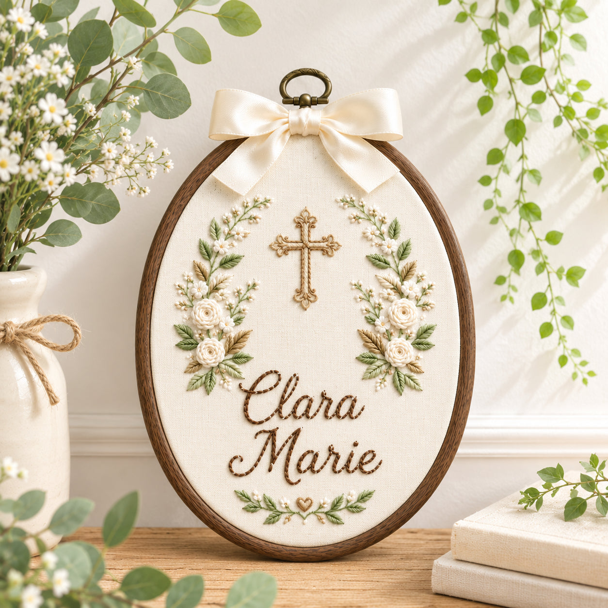 Personalized Hand Embroidered Flower With Baptism Hoop Art, Custom Baby Name and Baptism, Floral Christian Keepsake, Nursery Gift EHA36