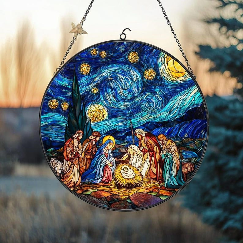 Starry Night Nativity Stained Glass Suncatcher, Holy Family Christmas Decor, Baby Jesus Window Hanging, Christian Christmas Gift, Religious Decor GLASS08