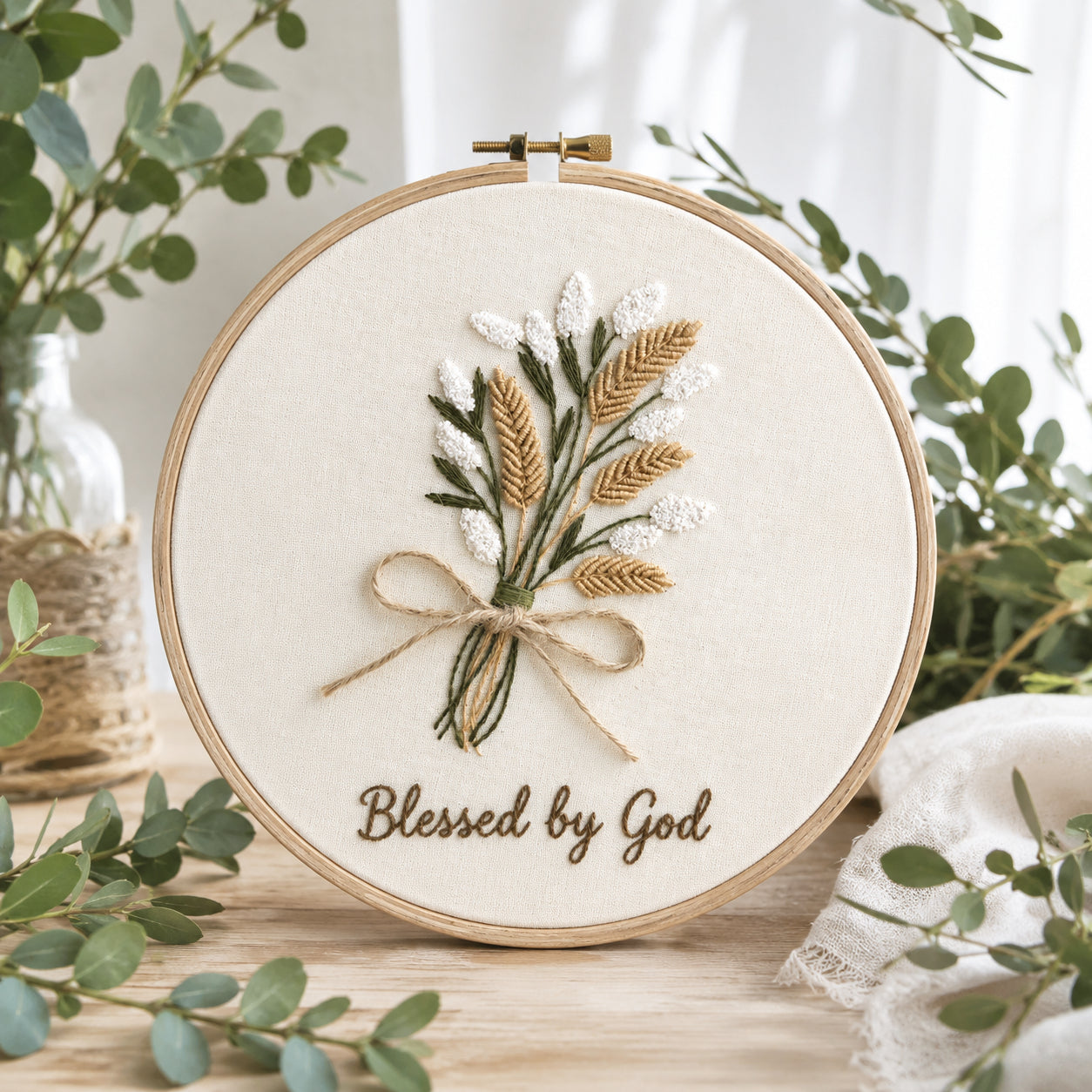 Blessed by God Floral Hand-Embroidered Keepsake Hoop Art, Embroidered Hoop, Personalized Name Sign, Floral Hoop, Faith Hanging Decor Gift EHA25