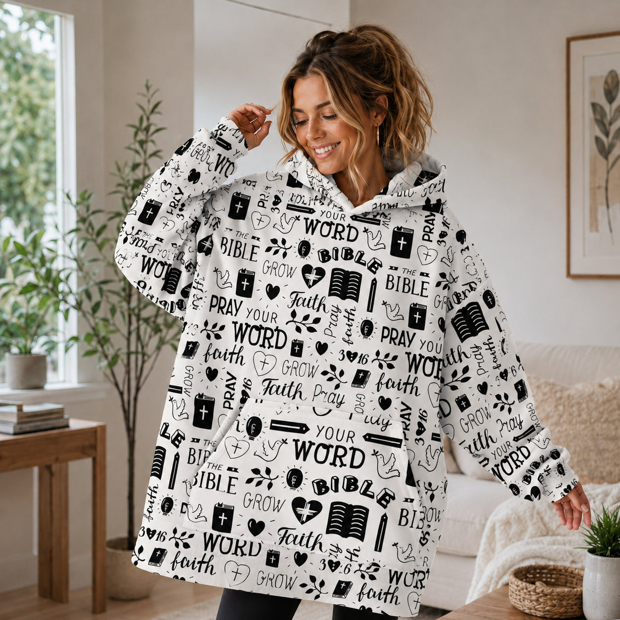 Jesus Bible Faith Pattern Oversized Hoodie Blanket, Custom Christian Hoodie, Oversized Snuggle Hoodie, Fleece Flannel Wearable Blanket Hoodie for Kids & Adults, Family Religious Gift OOH08