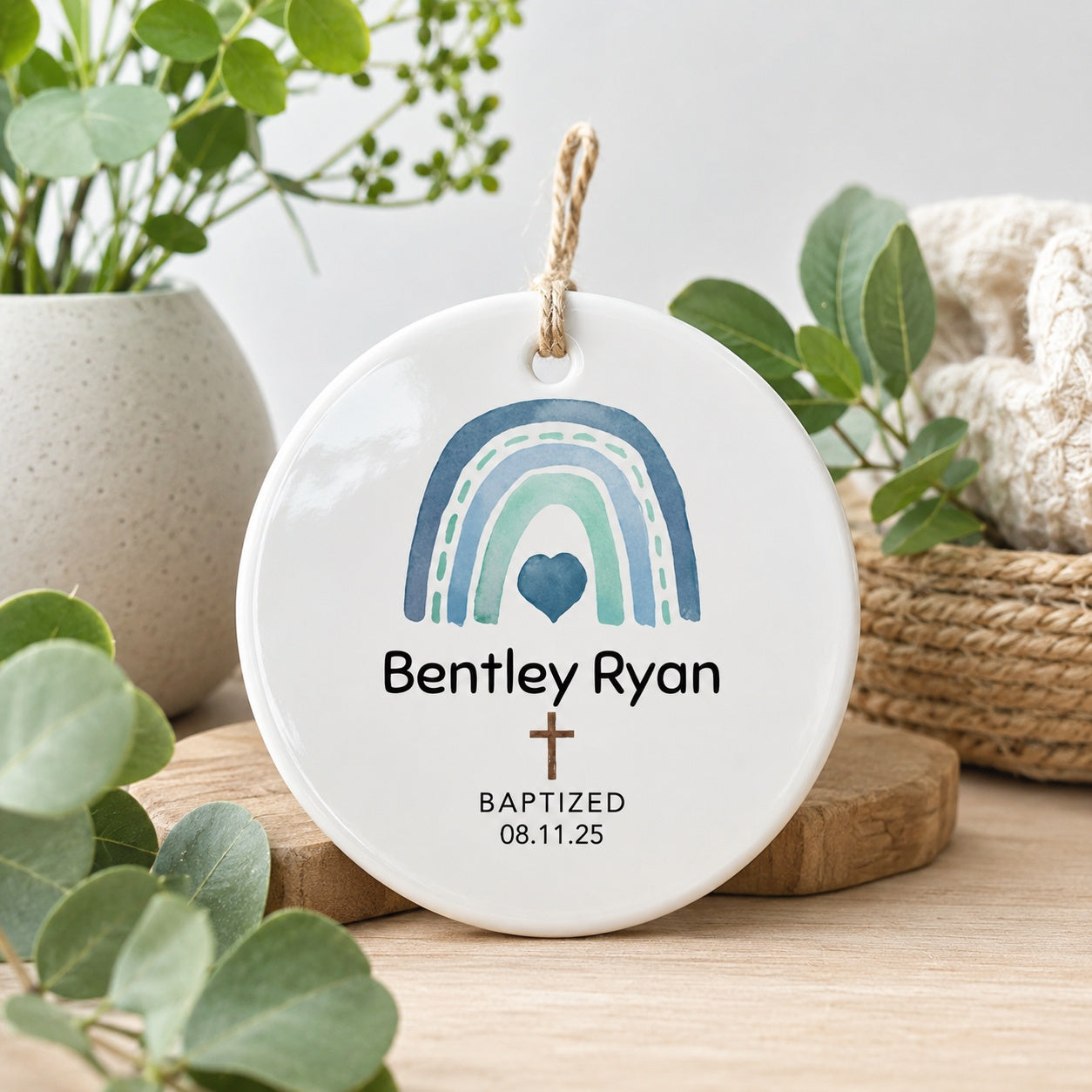 Personalized Rainbow Baptism Ceramic Ornament, Custom Name and Date Christian Keepsake, Baby Ornament Gift,  Baptism  Ornament CRMO08