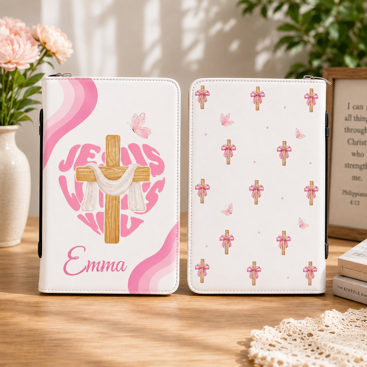 Personalized Jesus Loves You Christian Leather Book Cover, Pink Cross & Jesus Aesthetic Bible Cover, Christian Gift, Bible Covers Jesus Gifts BIBLE08