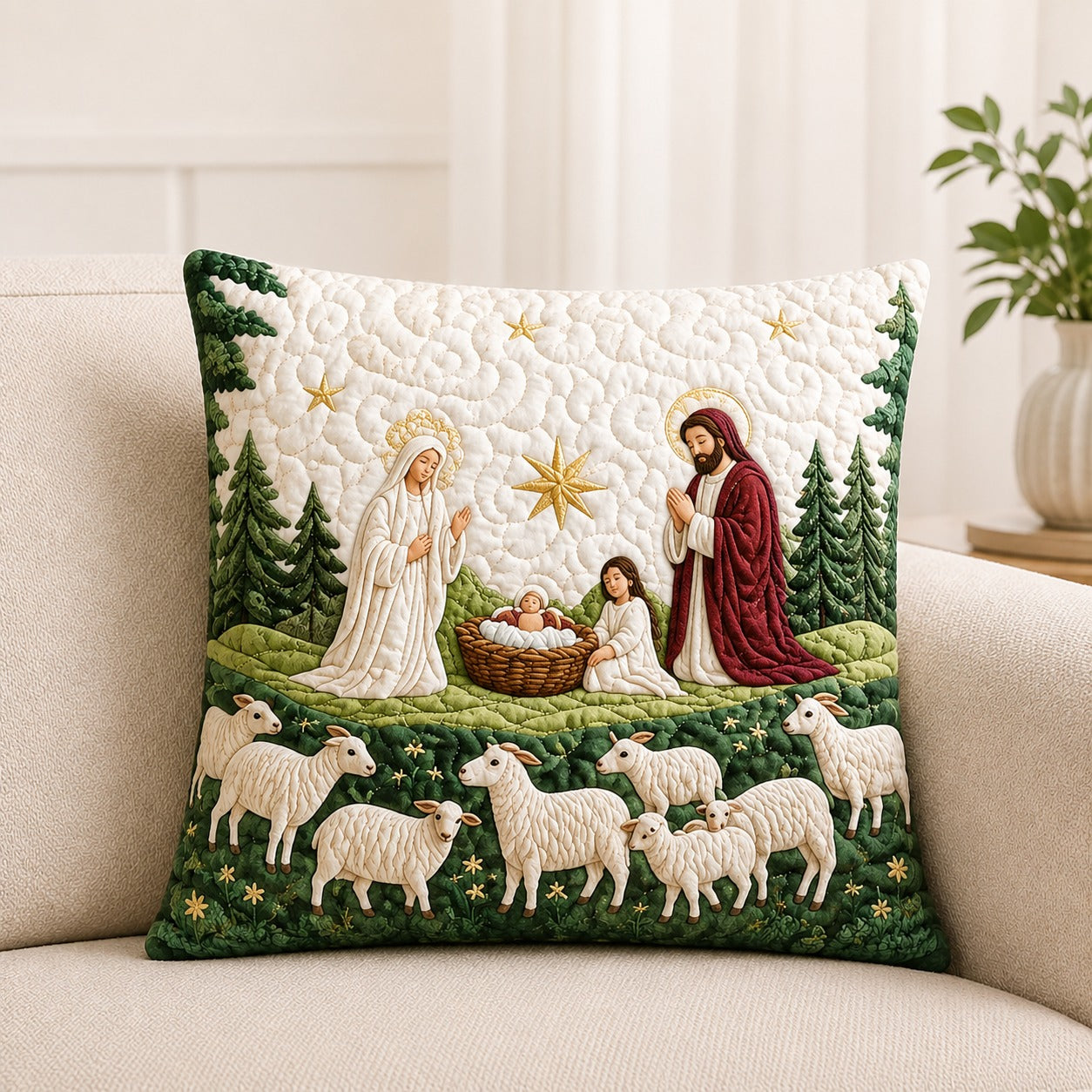 Nativity Scene Quilted Pillow Case, Holy Family Sheep Christmas Pillow Cover, Christian Holiday Decor, Religious Christmas Gift QPILLOW07