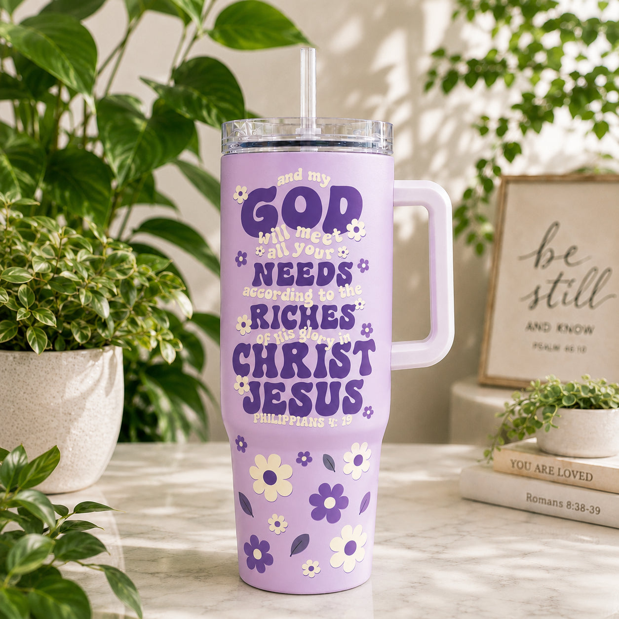 Christian Bible Verse 30oz/40oz Stainless Steel Tumbler with Handle, Christian Floral Travel Mug, Custom Faith Tumbler, Insulated Mug with Straw, Christian Gift TUMB08