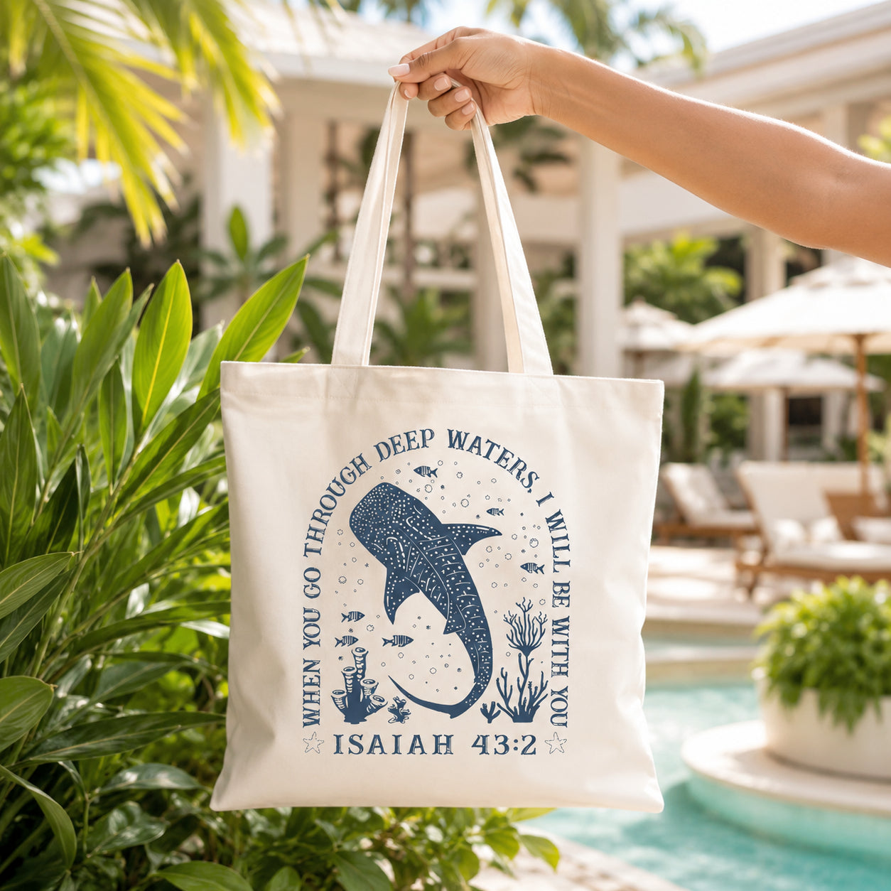 Isaiah 43:2 Canvas Tote Bag, Christian Tote Bag for Women, When You Go Through Deep Waters Scripture Bag, Whale Ocean Faith Gift TBLAF71