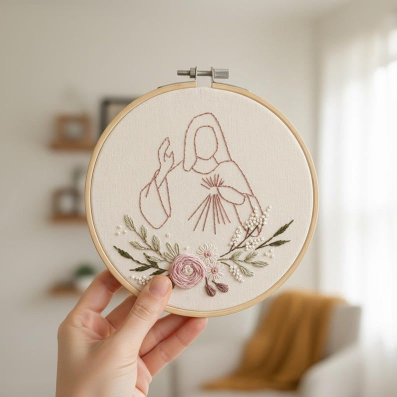 Sacred Heart Jesus Embroidery Hoop Art, Minimalist Christian Wall Decor, Floral Religious Gift, Handmade Needlework Hoop EH14