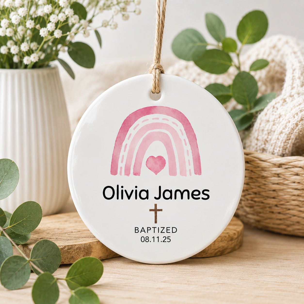 Personalized Rainbow Baptism Ceramic Ornament, Custom Name and Date Christian Keepsake, Baby Ornament Gift,  Baptism  Ornament CRMO08