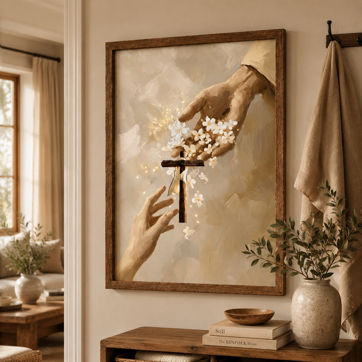 Jesus Hand Holding Cross Poster, Christian Wall Art Print, Religious Faith Decor, Bible Inspired Gift, Minimalist Catholic Poster PTS07