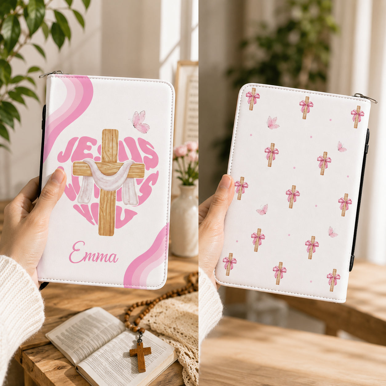 Personalized Jesus Loves You Christian Leather Book Cover, Pink Cross & Jesus Aesthetic Bible Cover, Christian Gift, Bible Covers Jesus Gifts BIBLE08