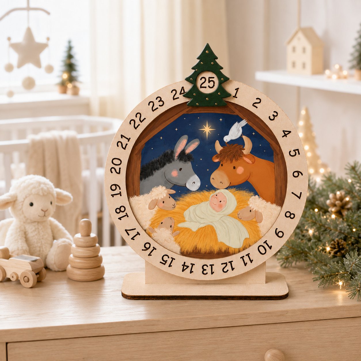 Wooden Nativity Baby Jesus Animals Advent Calendar, Jesus Christmas Wooden Sign, Custom Tabletop Religious Gift, Spinning Wheel Christmas Countdown Decor, Religious Christian Christmas Gift XMASW05