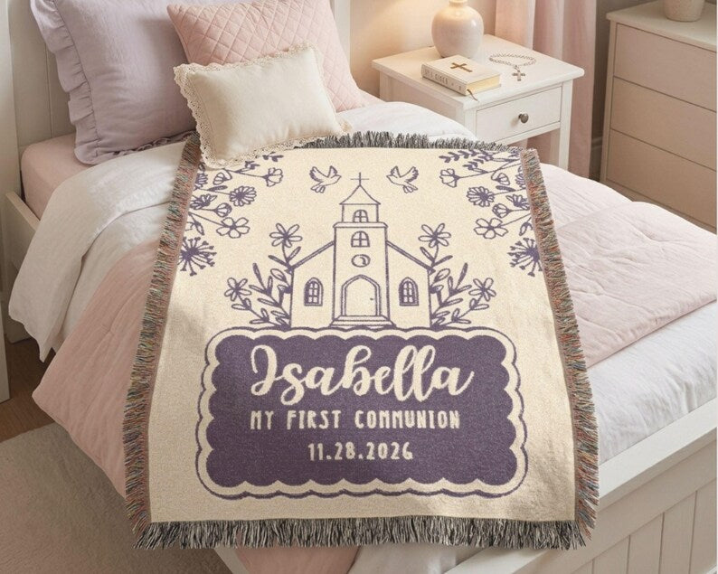 Personalized First Communion Woven Blanket, Baby Blanket, Custom Floral Catholic Throw, Vintage Chapel Christian Gifts WBLAF08