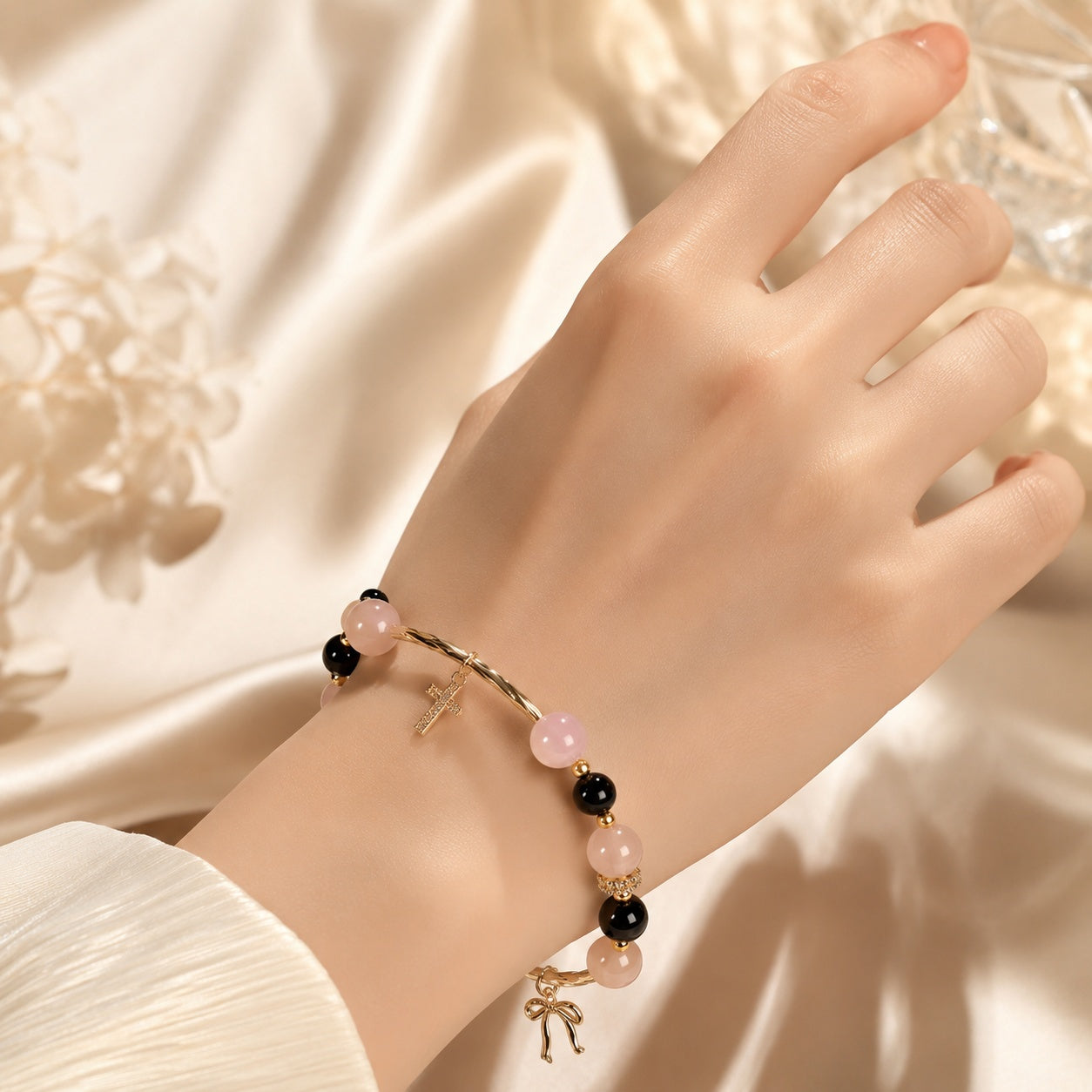 Rose & Agate Bracelet With Pendant, Catholic Jewelry, Silver Stone Bracelet For Women, Catholic Bracelet BRLAF11