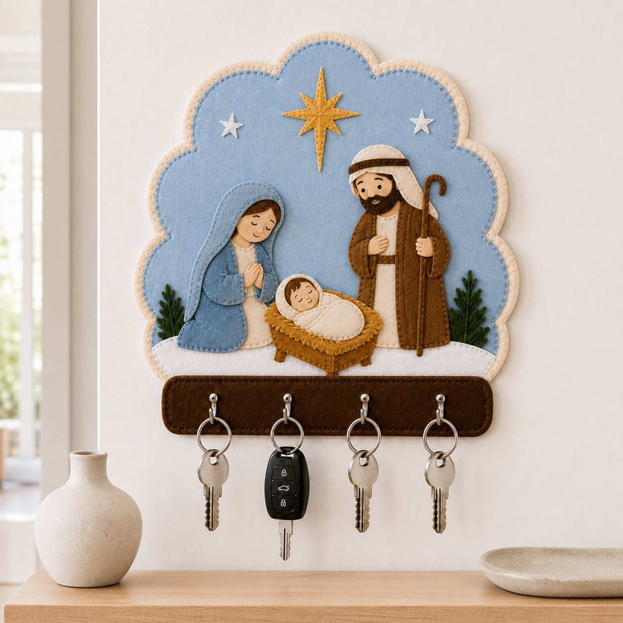 Holy Family Nativity Wall Felt Key Holder, Christian Wall Key Rack, Handmade Catholic Home Decor, Religious Housewarming Gift, Felt Custom FELTHD07