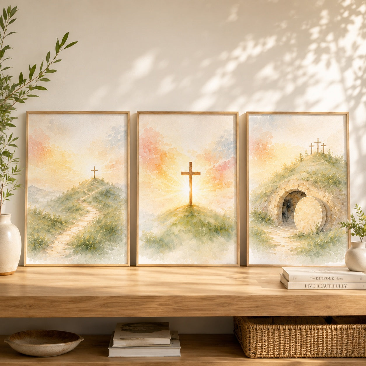 Jesus Resurrection Wall Art Set, Calvary Cross and Empty Tomb Poster, Christian Poster Decor, Neutral Christian Easter Home Decor PTSETA07