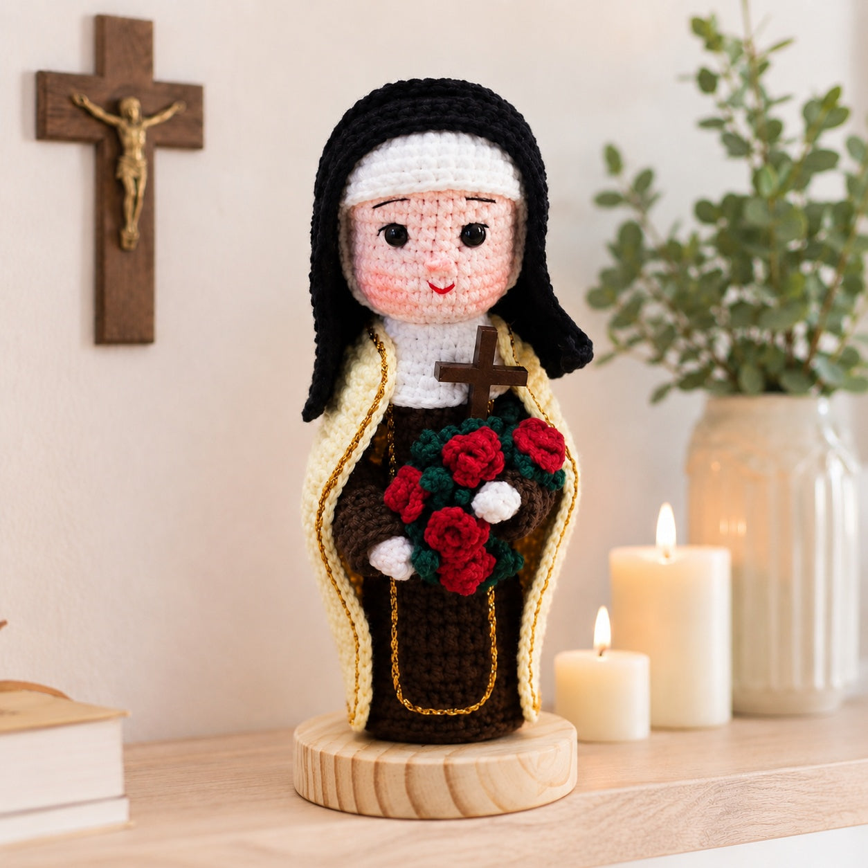 Handmade Crochet Catholic Priest Doll – Amigurumi Clergy Figurine with Sunflower Bouquet, Religious Gift for Ordination, First Communion, Baptism, Confirmation and Home Altar Decor CR08