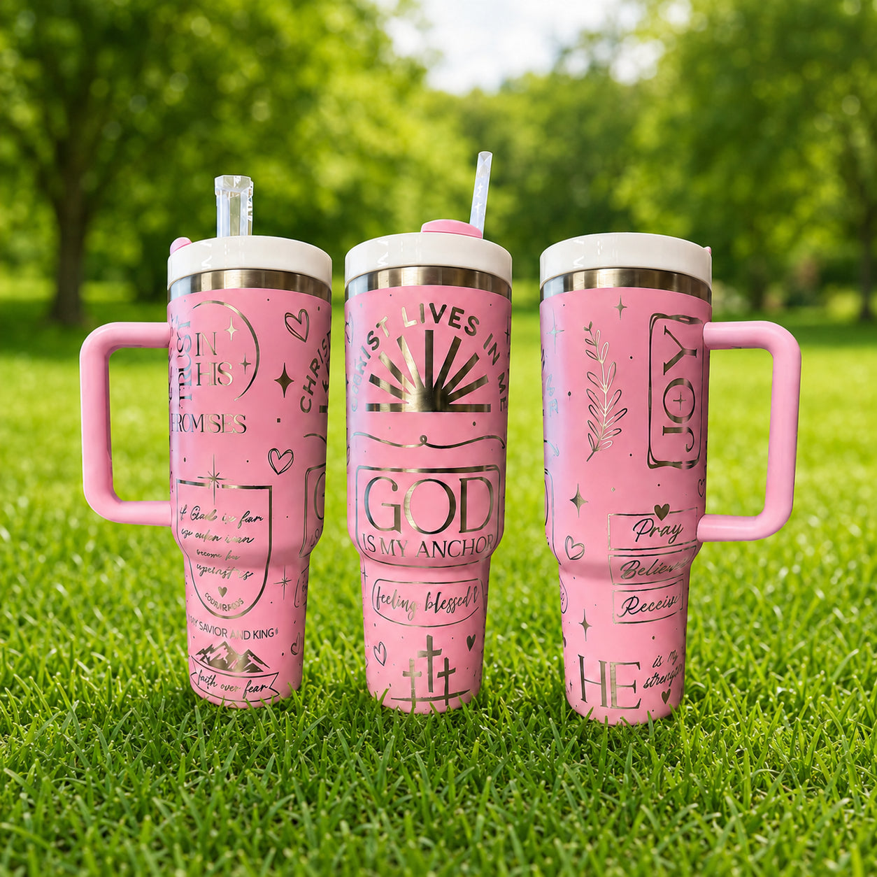 Pink Christian Tumbler with Handle and Straw, God Is My Anchor Insulated Travel Cup, Faith Gift LAFN09