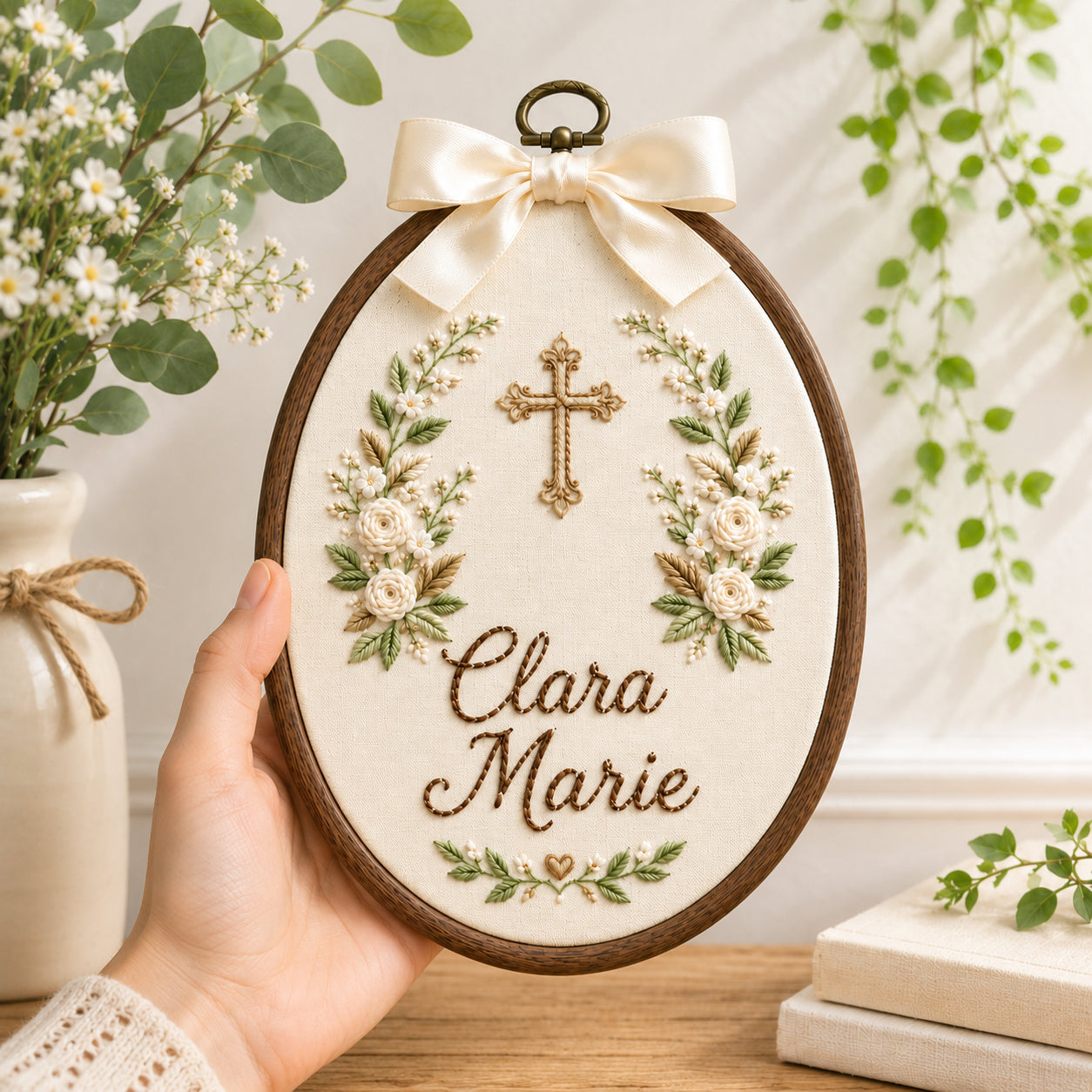 Personalized Hand Embroidered Flower With Baptism Hoop Art, Custom Baby Name and Baptism, Floral Christian Keepsake, Nursery Gift EHA36