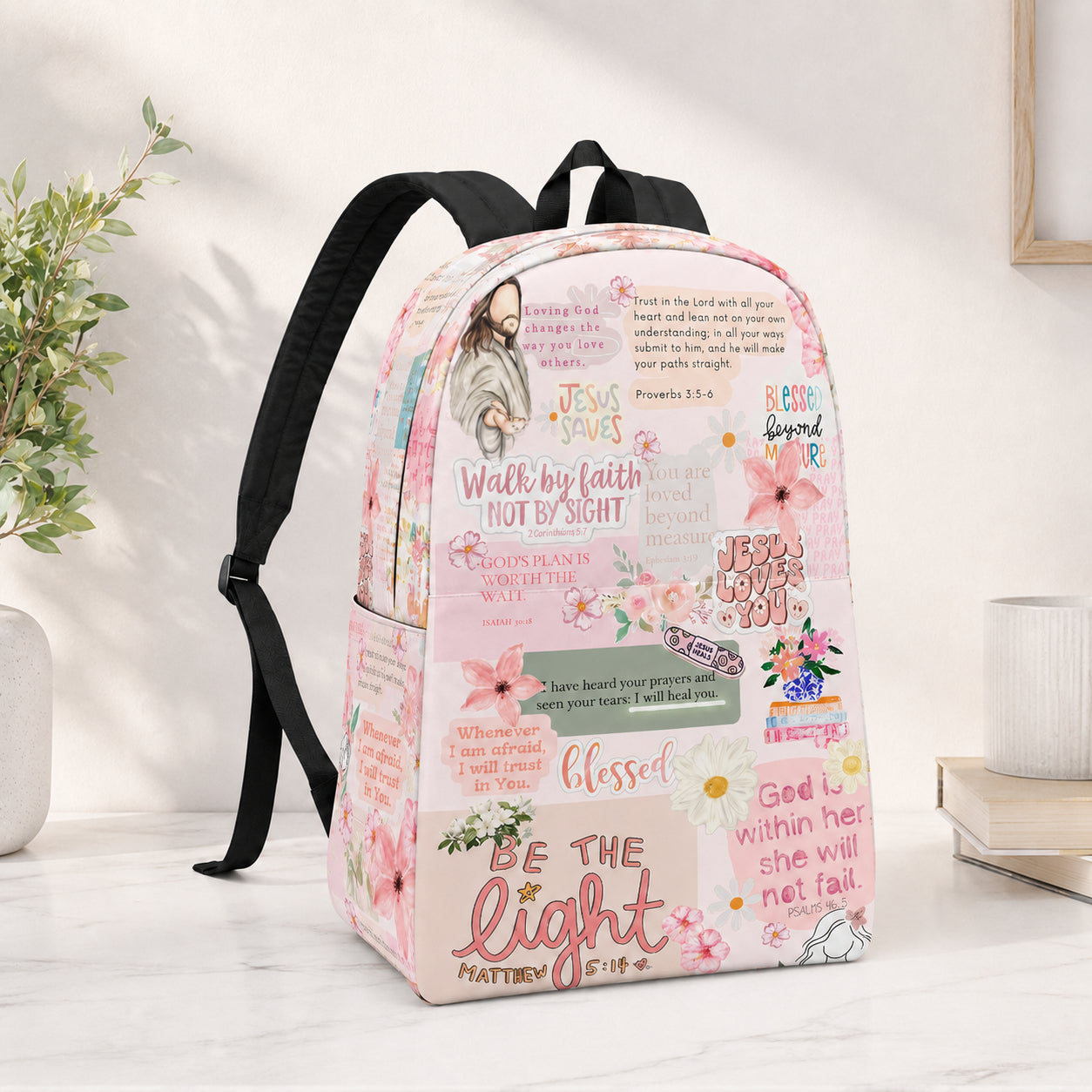 Walk by Faith Pink Christian Backpack, Custom Christian Inspirational backpack, Christian Faith Bag, Laptop Bag, Back To School Backpack PLAF71