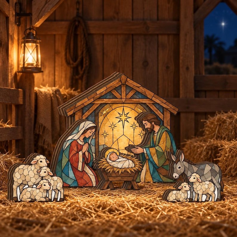 Nativity Christmas Wooden Block, Wooden Jesus Birth Scene Sign, Christian Holiday Home Decoration, Christmas Shelf Sitter Gift WSXM08