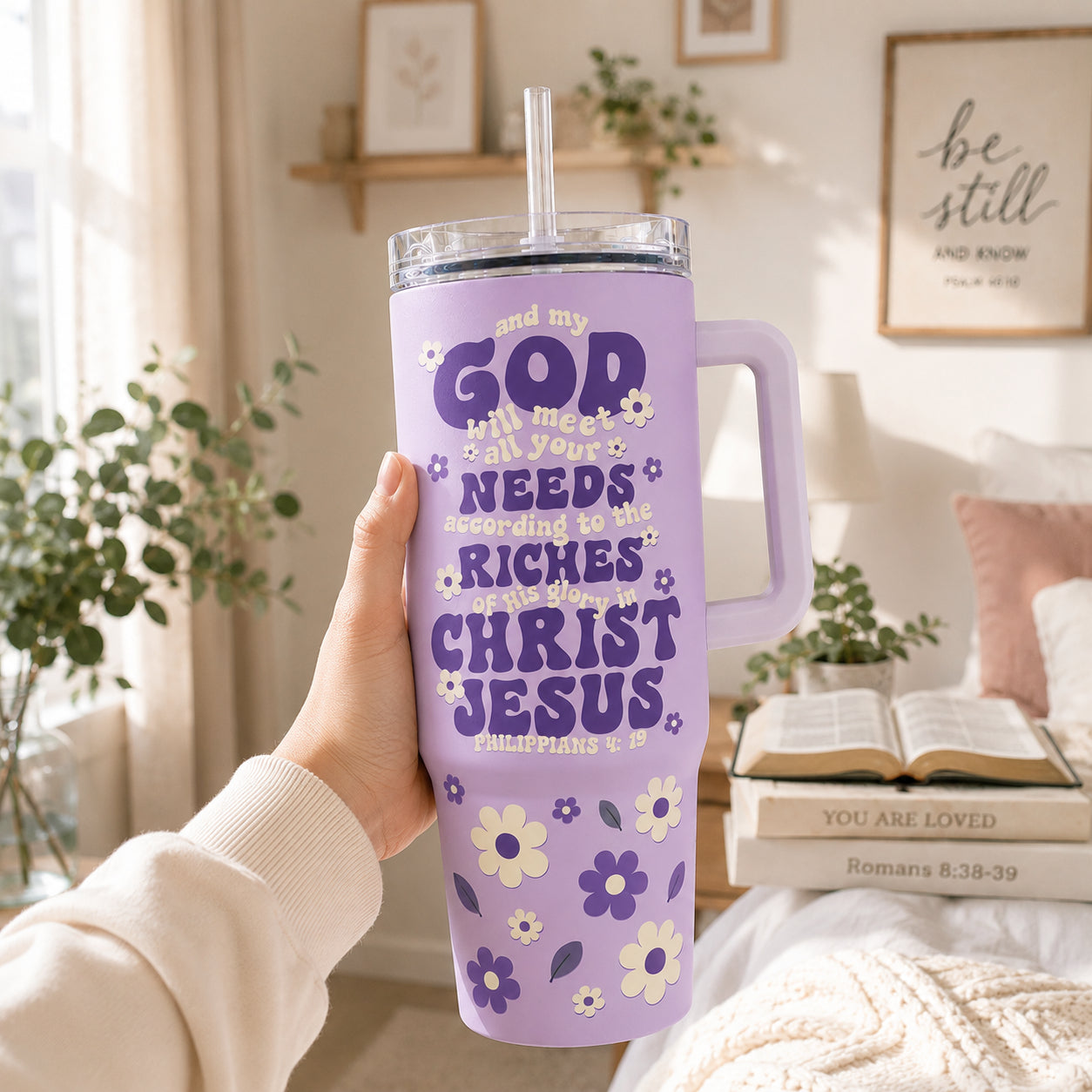 Christian Bible Verse 30oz/40oz Stainless Steel Tumbler with Handle, Christian Floral Travel Mug, Custom Faith Tumbler, Insulated Mug with Straw, Christian Gift TUMB08