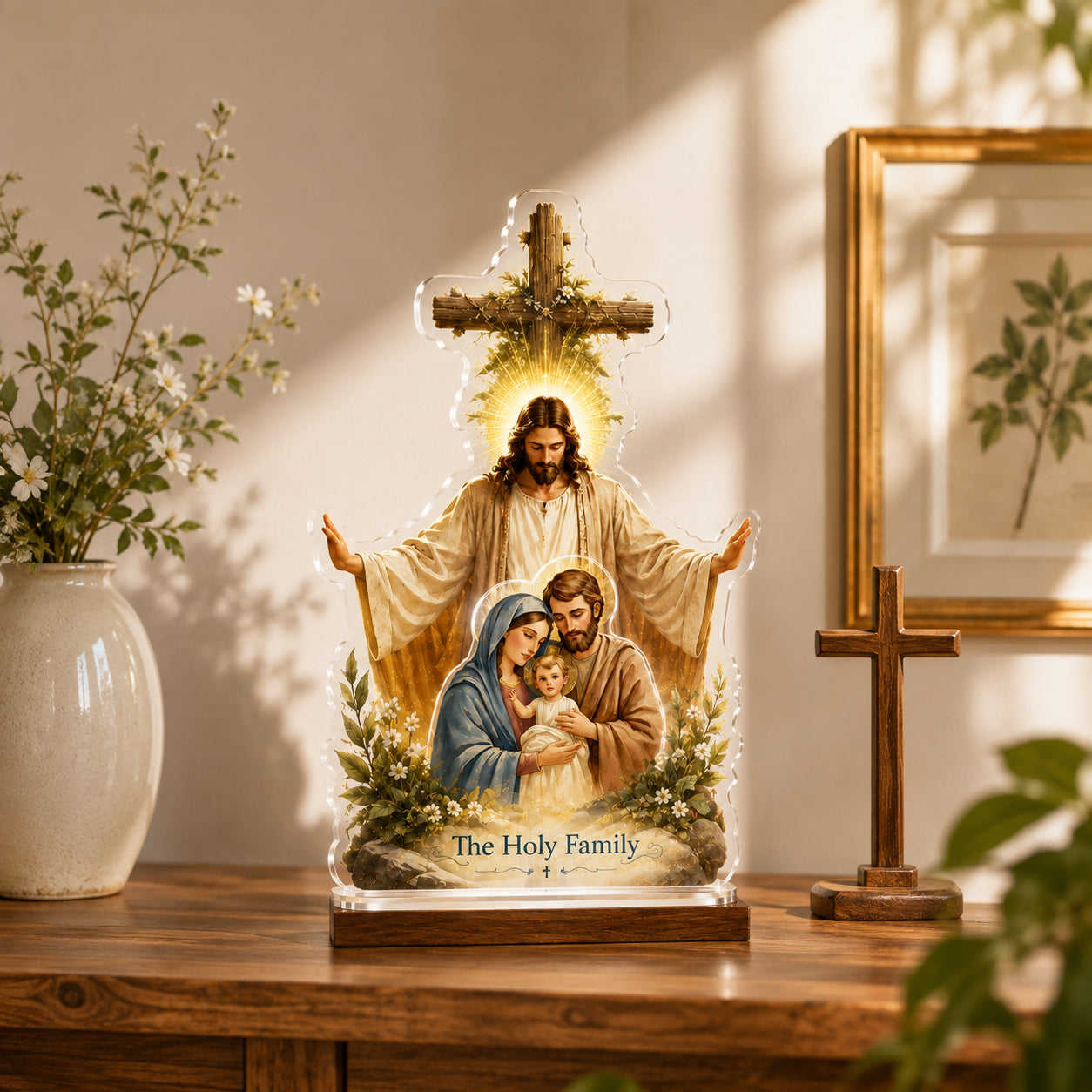Christian Bookend, Holy Family Acrylic Bookend Standee with Jesus Cross, Catholic Bookshelf Decor, Religious Gift ABBD06