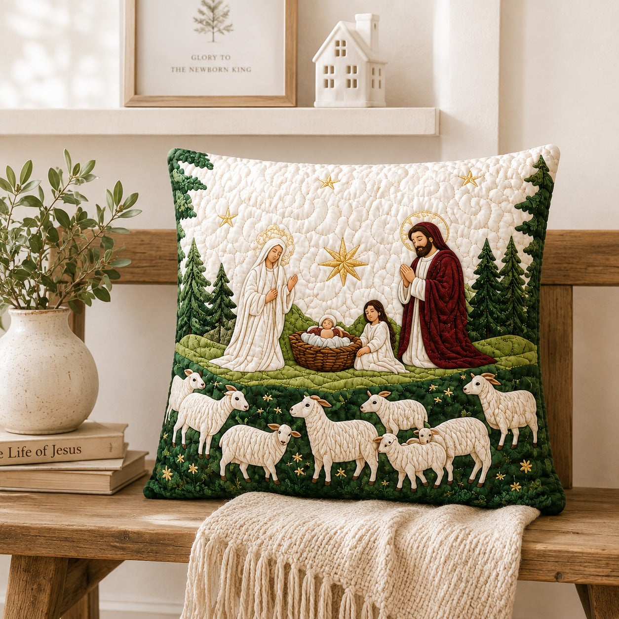 Nativity Scene Quilted Pillow Case, Holy Family Sheep Christmas Pillow Cover, Christian Holiday Decor, Religious Christmas Gift QPILLOW07