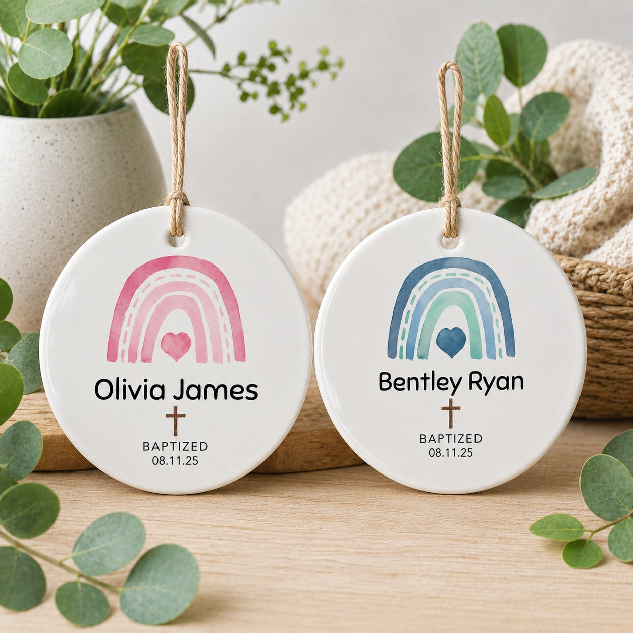 Personalized Rainbow Baptism Ceramic Ornament, Custom Name and Date Christian Keepsake, Baby Ornament Gift,  Baptism  Ornament CRMO08