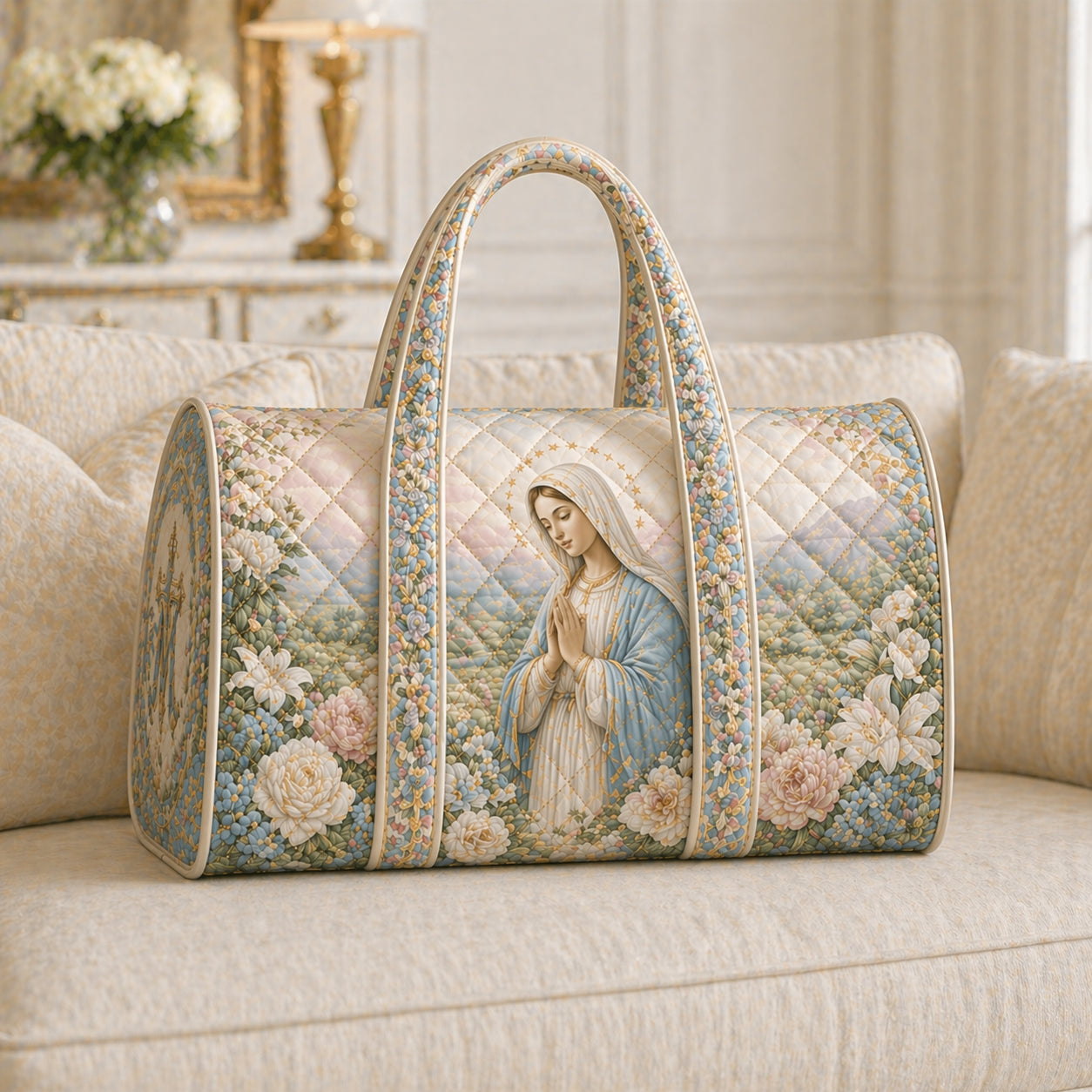 Floral Virgin Mary Quilted Duffle Bag, Catholic Faith Travel Weekender Bag, Floral Religious Travel Bag, Quilted Bag, Christian Gift Bag QDB08