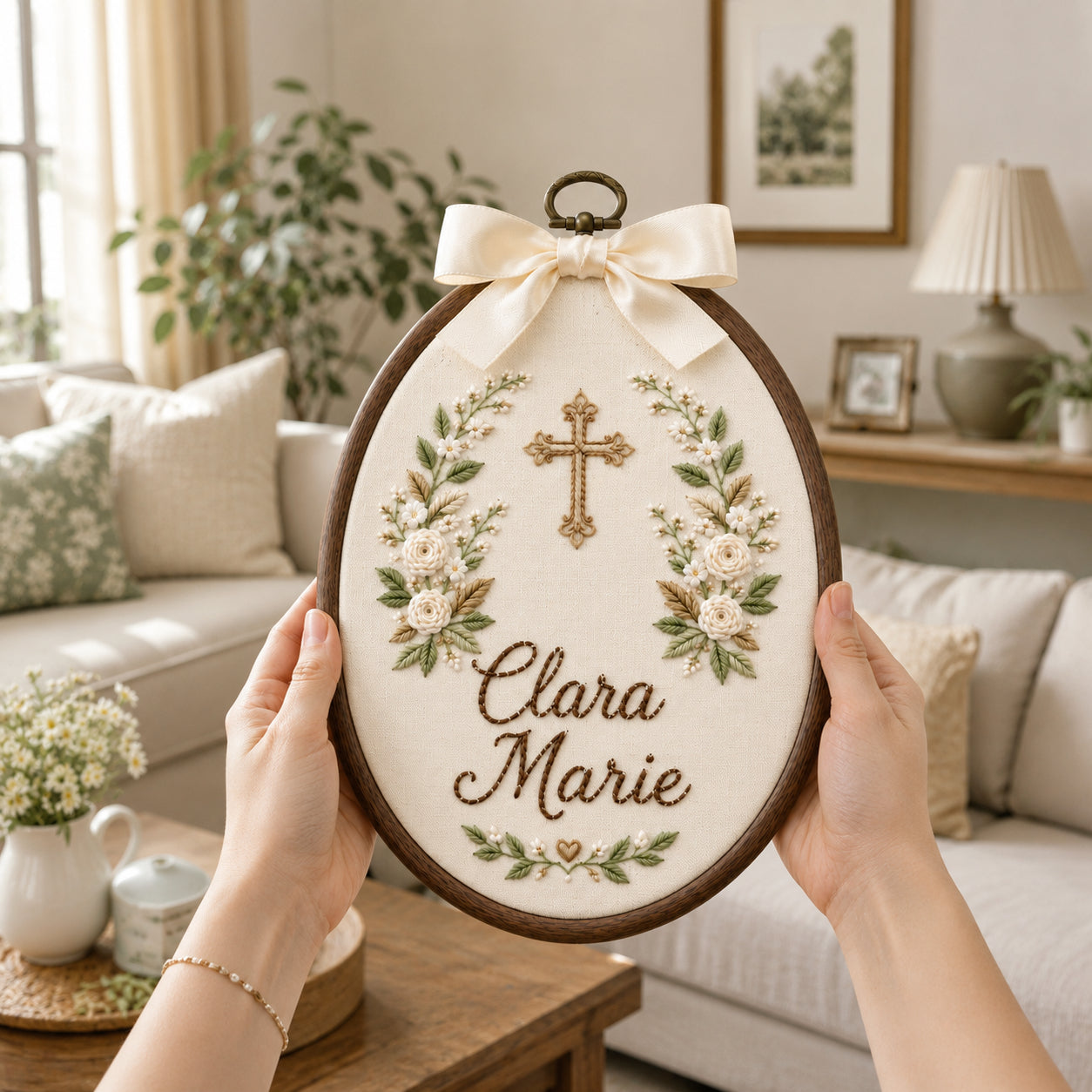 Personalized Hand Embroidered Flower With Baptism Hoop Art, Custom Baby Name and Baptism, Floral Christian Keepsake, Nursery Gift EHA36