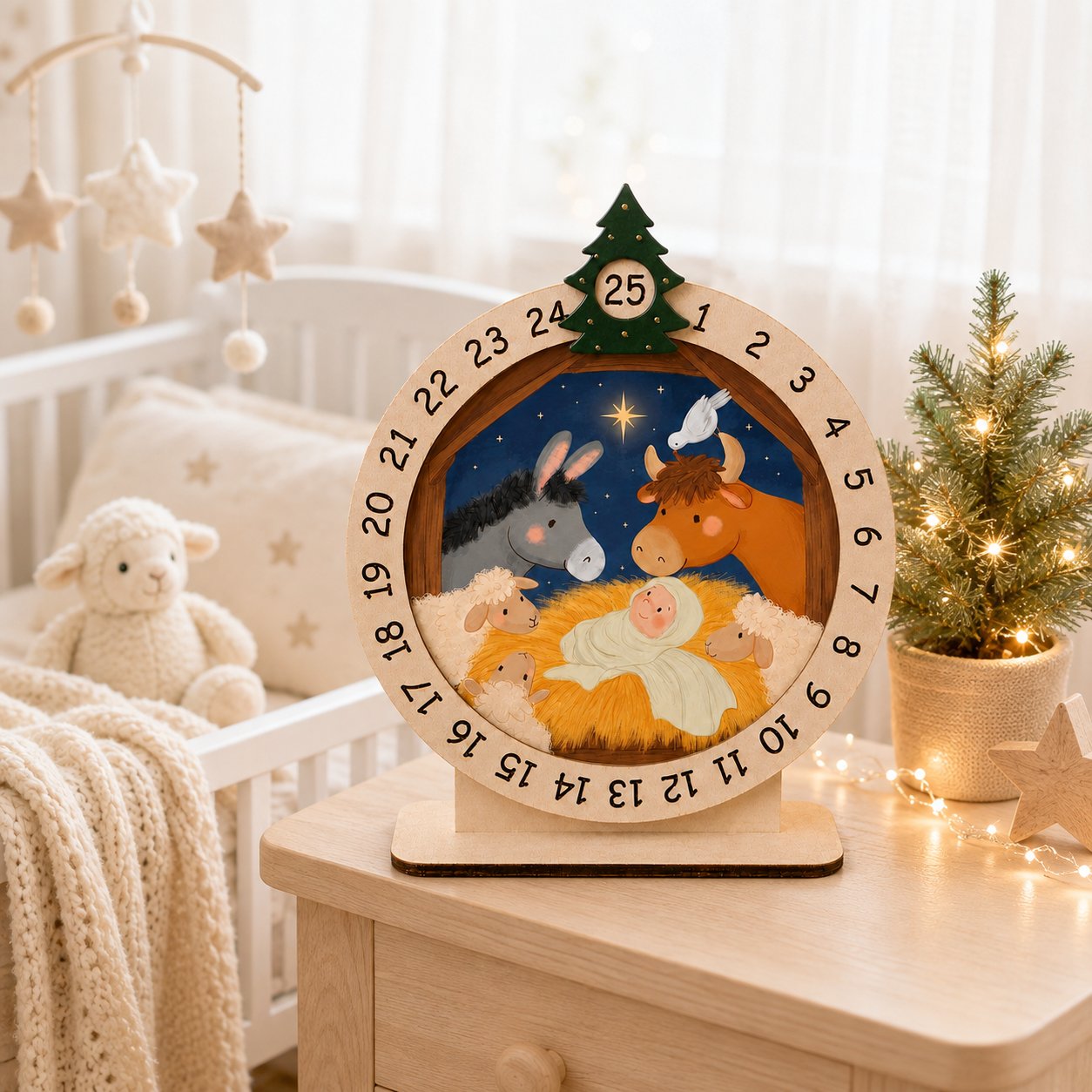 Wooden Nativity Baby Jesus Animals Advent Calendar, Jesus Christmas Wooden Sign, Custom Tabletop Religious Gift, Spinning Wheel Christmas Countdown Decor, Religious Christian Christmas Gift XMASW05