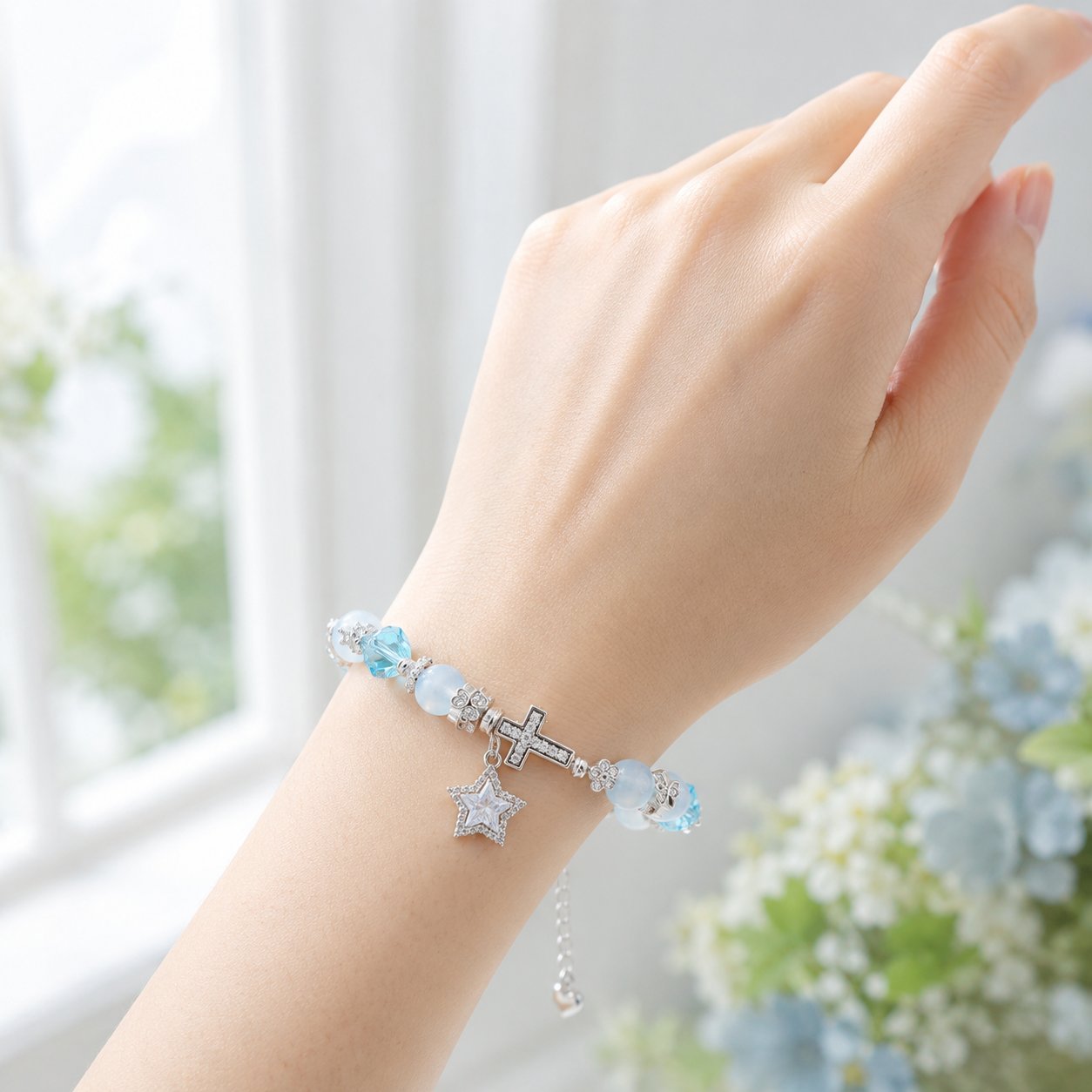 Blue Cross Catholic Rosary Bracelet with Cross, Rosary Bracelet, Stone Beads, Faith Jewelry Gift for Women VTBR07
