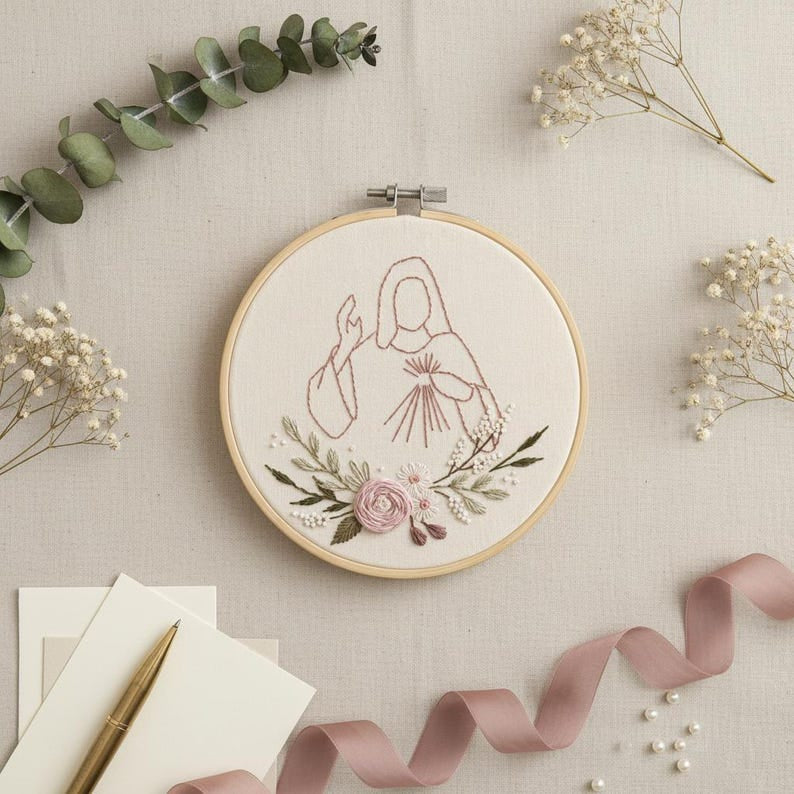 Sacred Heart Jesus Embroidery Hoop Art, Minimalist Christian Wall Decor, Floral Religious Gift, Handmade Needlework Hoop EH14