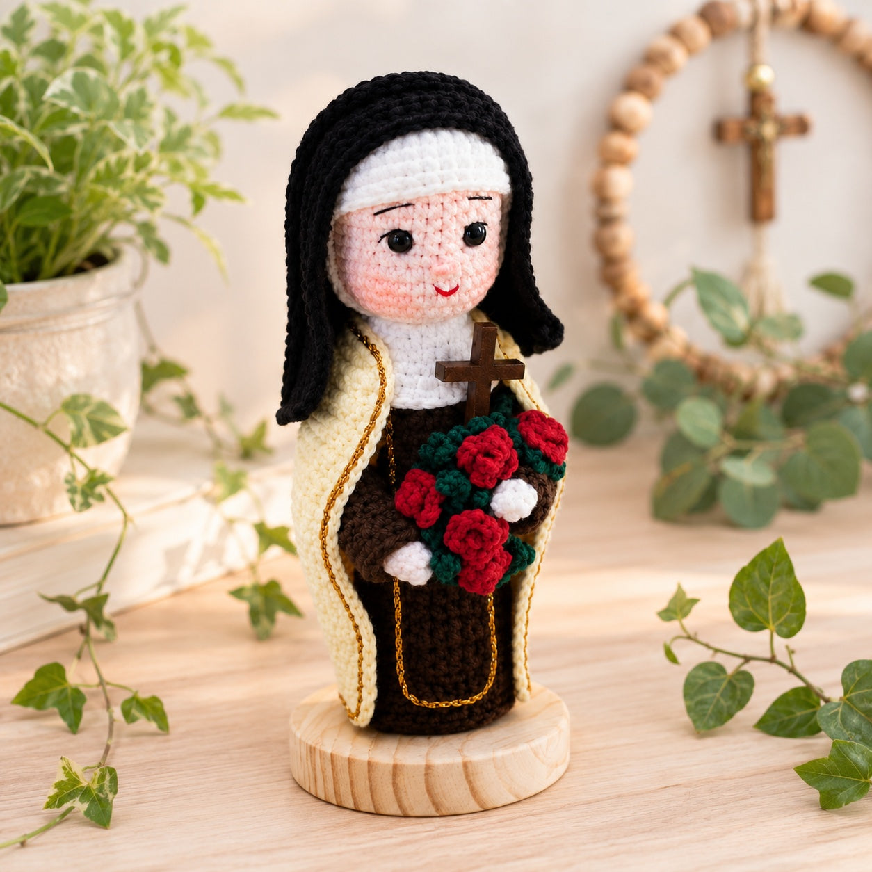 Handmade Crochet Catholic Priest Doll – Amigurumi Clergy Figurine with Sunflower Bouquet, Religious Gift for Ordination, First Communion, Baptism, Confirmation and Home Altar Decor CR08