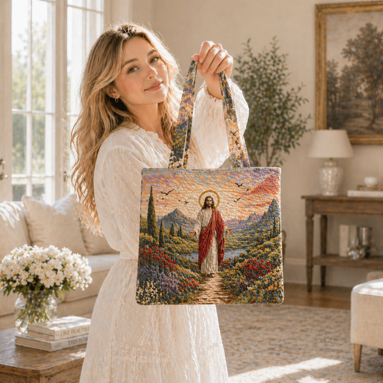 Jesus Landscape Art Quilted Tote Bag, Christian Mountain Valley Tote Bag, Christian Scenic Quilted Tote Bag, Religious Gift for Her QTTB07