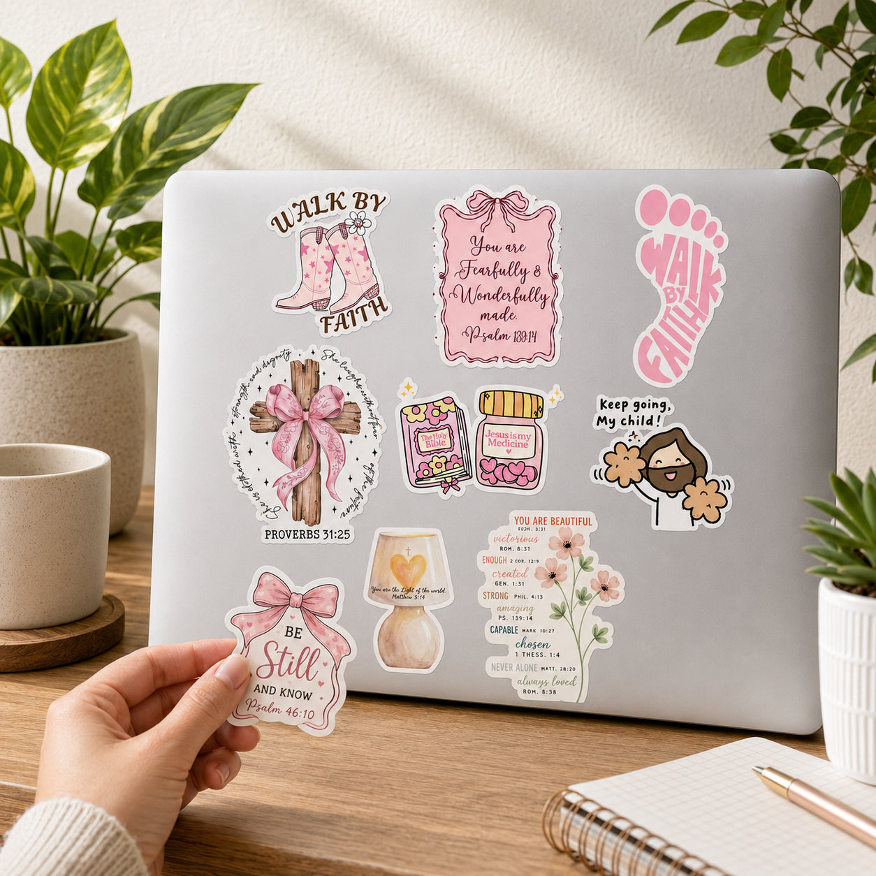 Aesthetic Pink Christian Bible Verse Stickers – Walk by Faith, Psalm 139:14, Proverbs 31:25, Faith-Based Sticker Set for Bible Journaling & Gifts ST08