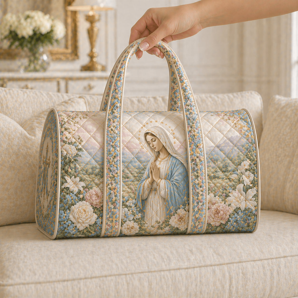 Floral Virgin Mary Quilted Duffle Bag, Catholic Faith Travel Weekender Bag, Floral Religious Travel Bag, Quilted Bag, Christian Gift Bag QDB08