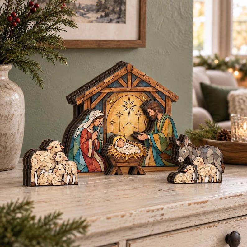 Nativity Christmas Wooden Block, Wooden Jesus Birth Scene Sign, Christian Holiday Home Decoration, Christmas Shelf Sitter Gift WSXM08