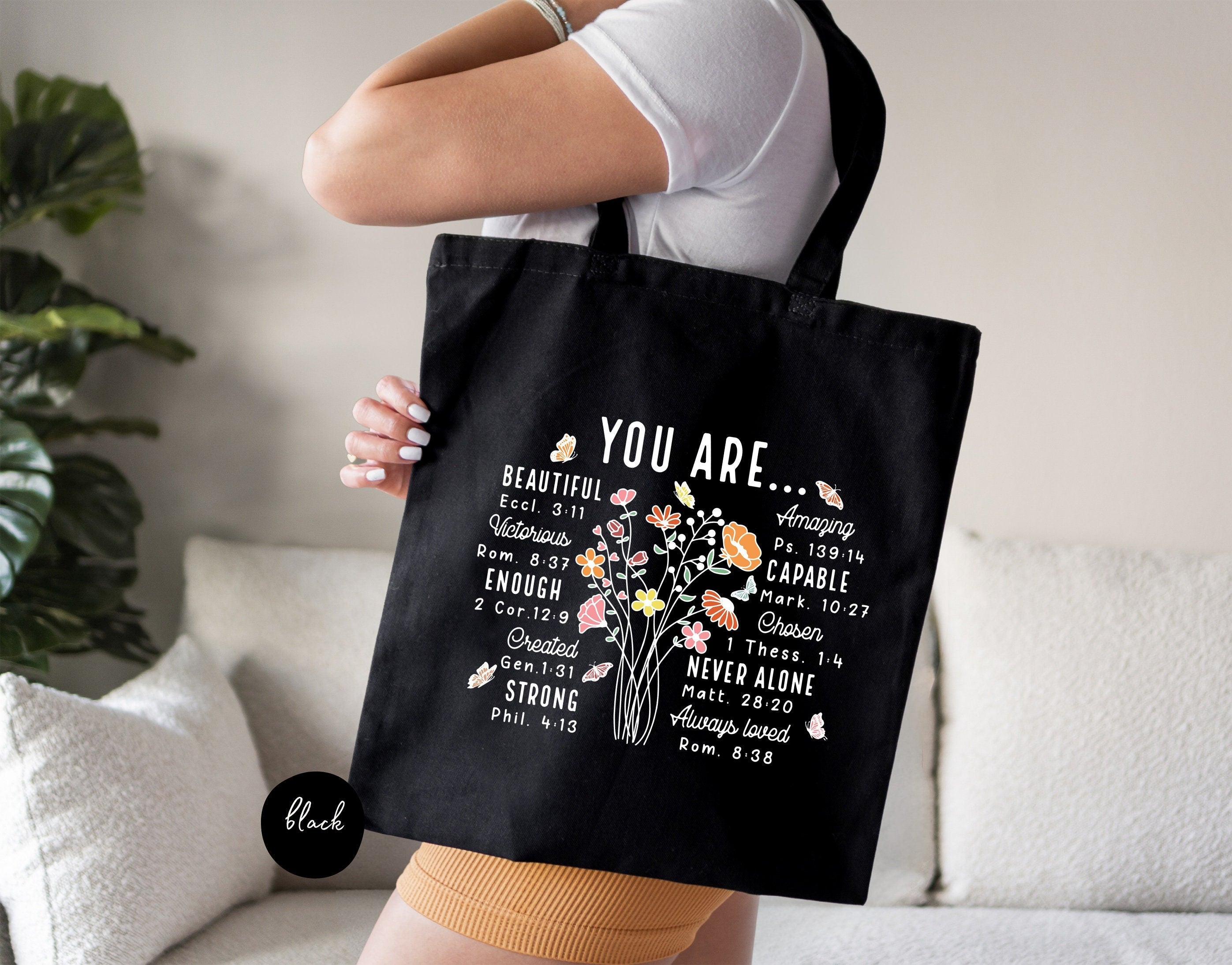 You Are Inspirational Tote Bag – Christian Canvas Tote – Bible Verse Floral Design – Faith-Based Gift for Women – Religious Gift – Christian Accessorie TBLAF10