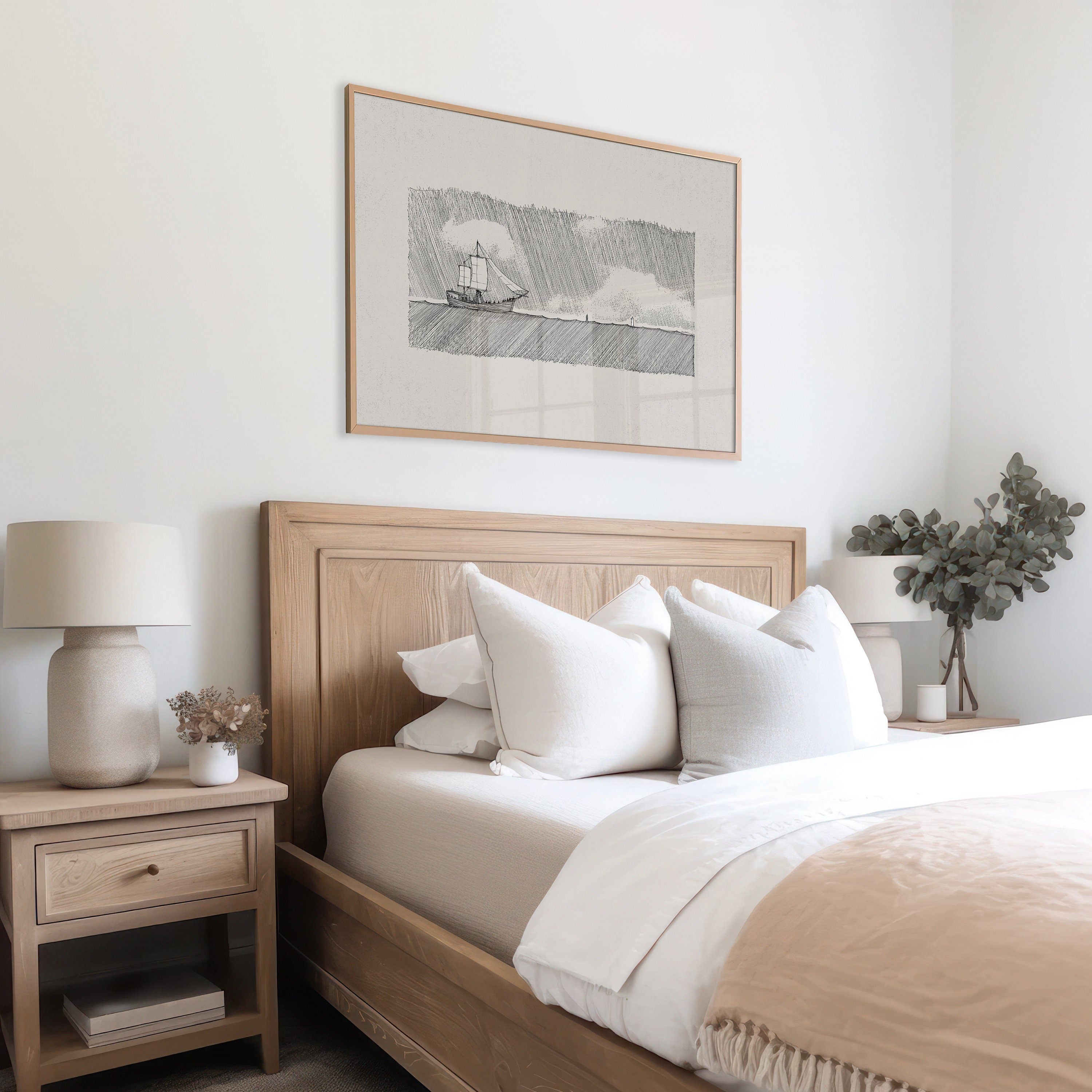 Walk on Water Poster, Minimalist Nautical Wall Art, Jesus Miracle Sea Sketch, Faith-Inspired Christian Print, Modern Coastal Home Decor