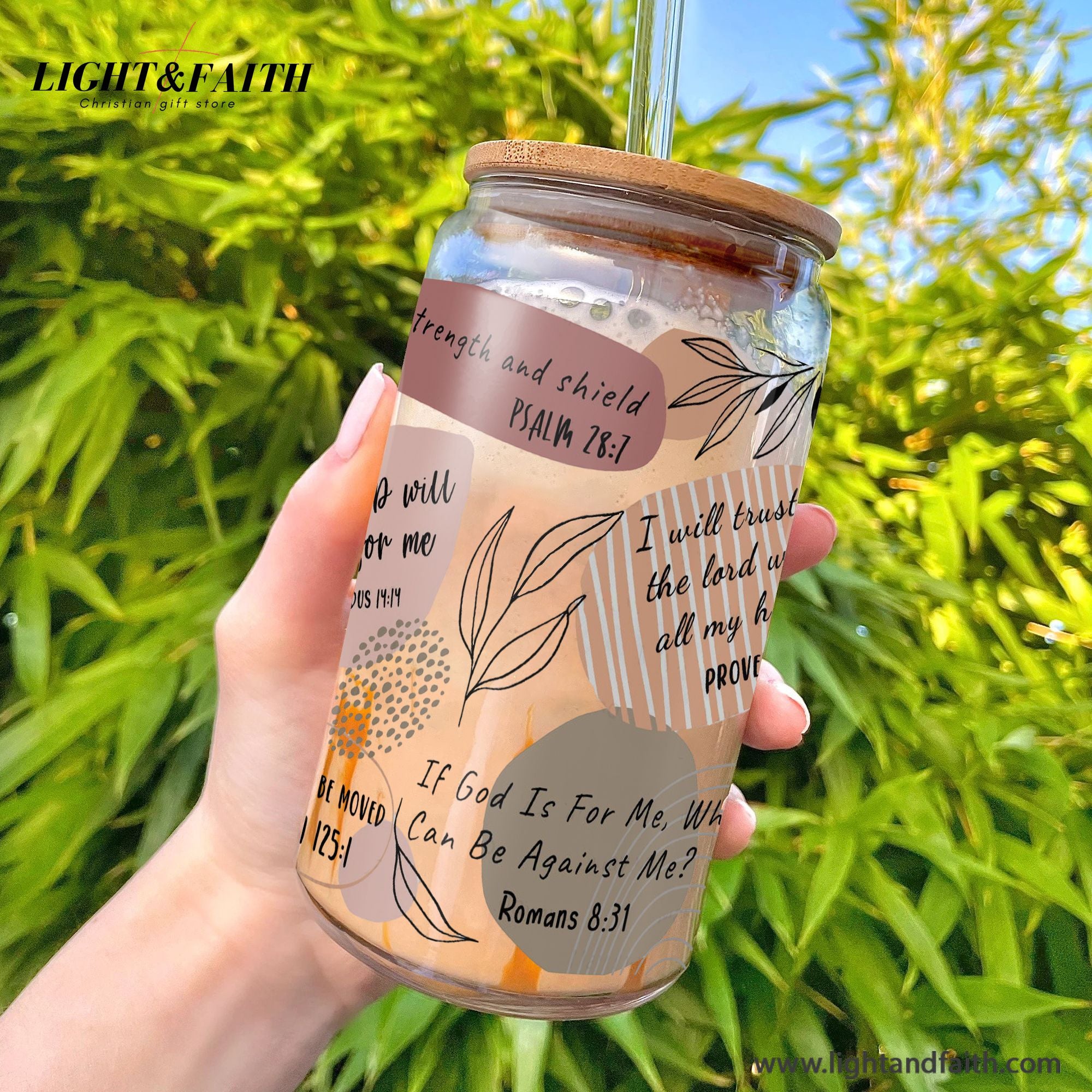 Christian Glass Can with Bamboo Lid and Straw, Abstract Scripture Cup, Bible Verse Iced Coffee Tumbler, Faith Gift for Women GCLAF37