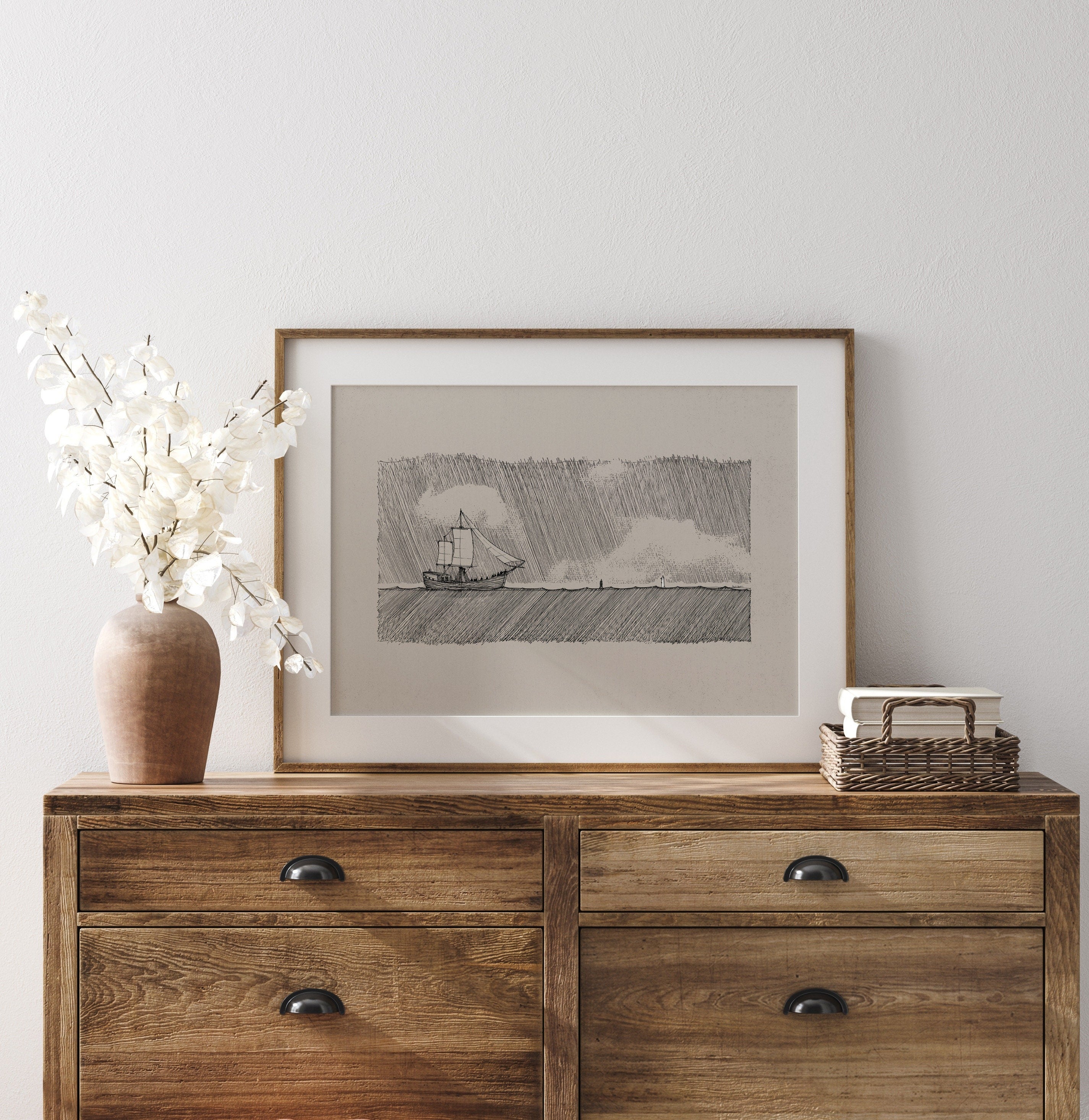 Walk on Water Poster, Minimalist Nautical Wall Art, Jesus Miracle Sea Sketch, Faith-Inspired Christian Print, Modern Coastal Home Decor