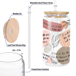 Christian Glass Can with Bamboo Lid and Straw, Abstract Scripture Cup, Bible Verse Iced Coffee Tumbler, Faith Gift for Women GCLAF37