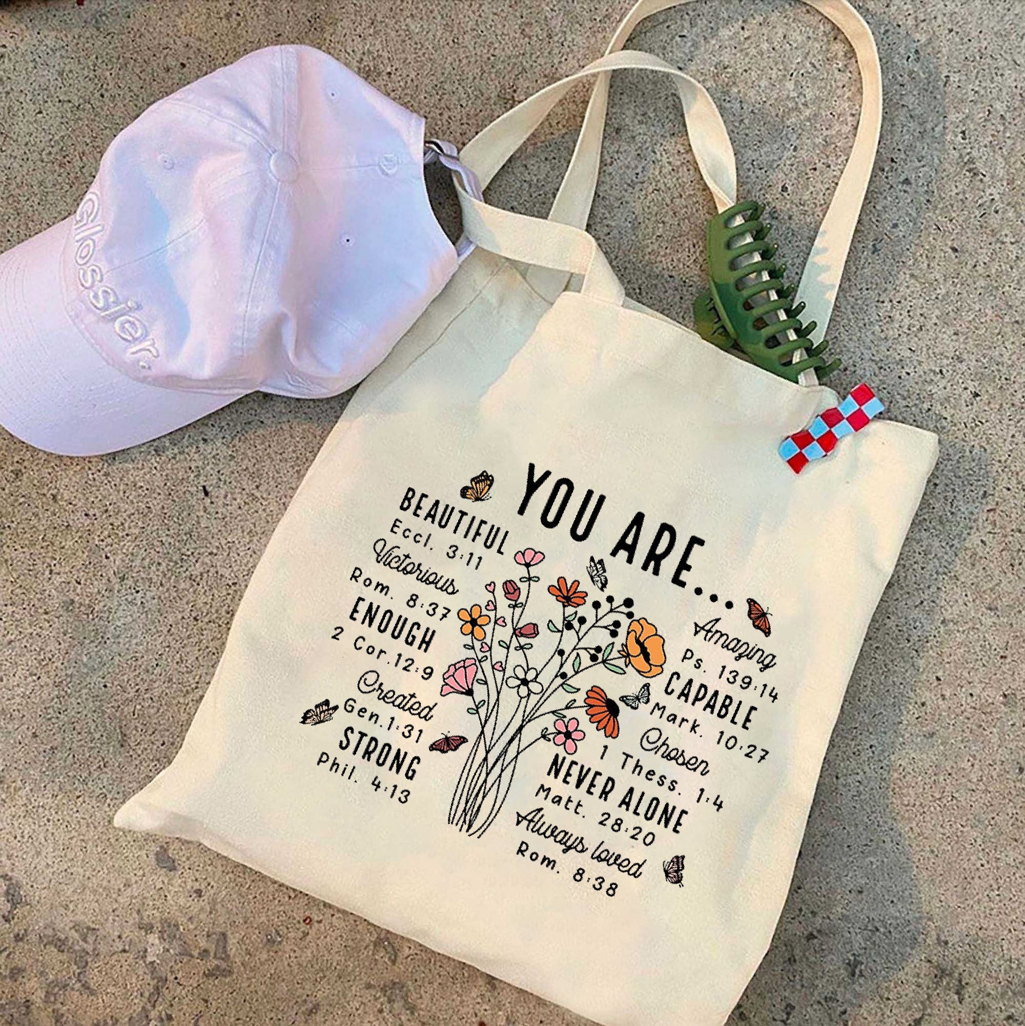 You Are Inspirational Tote Bag – Christian Canvas Tote – Bible Verse Floral Design – Faith-Based Gift for Women – Religious Gift – Christian Accessorie TBLAF10