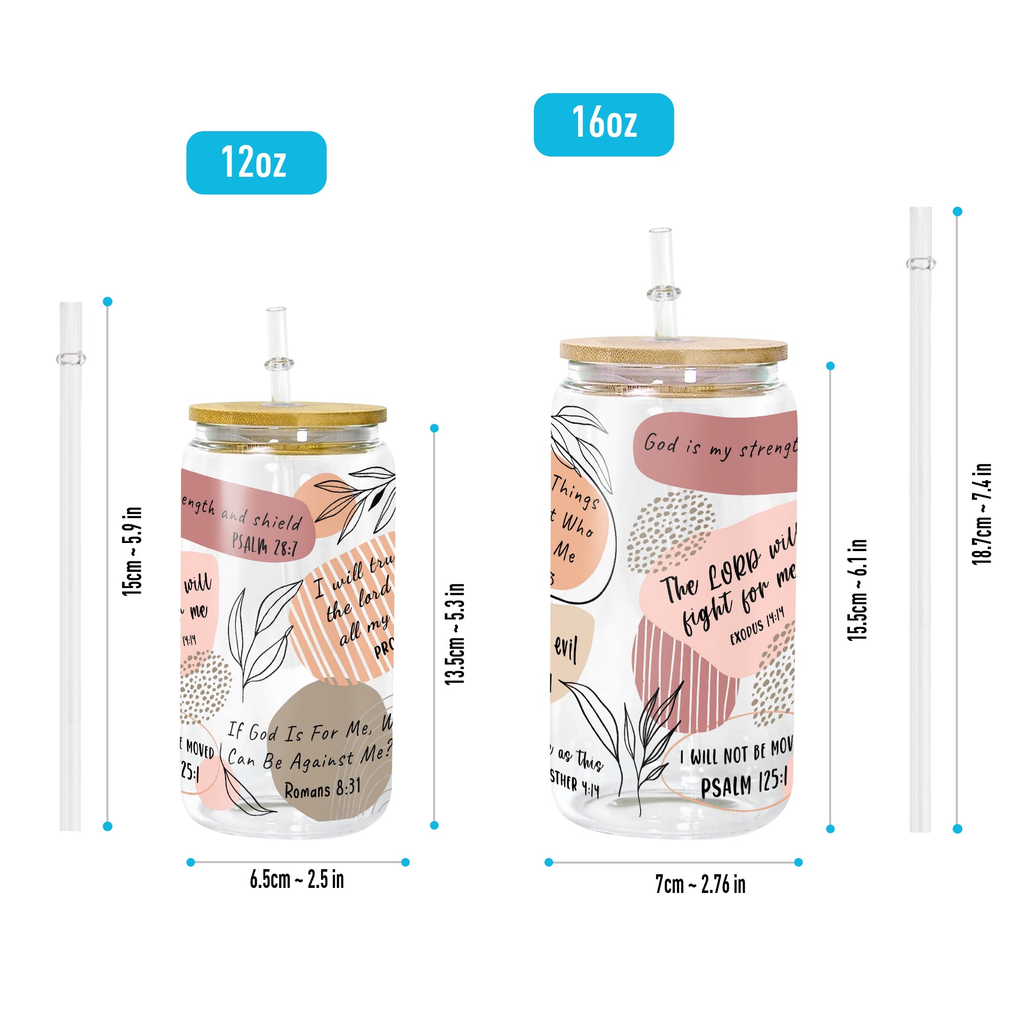 Christian Glass Can with Bamboo Lid and Straw, Abstract Scripture Cup, Bible Verse Iced Coffee Tumbler, Faith Gift for Women GCLAF37