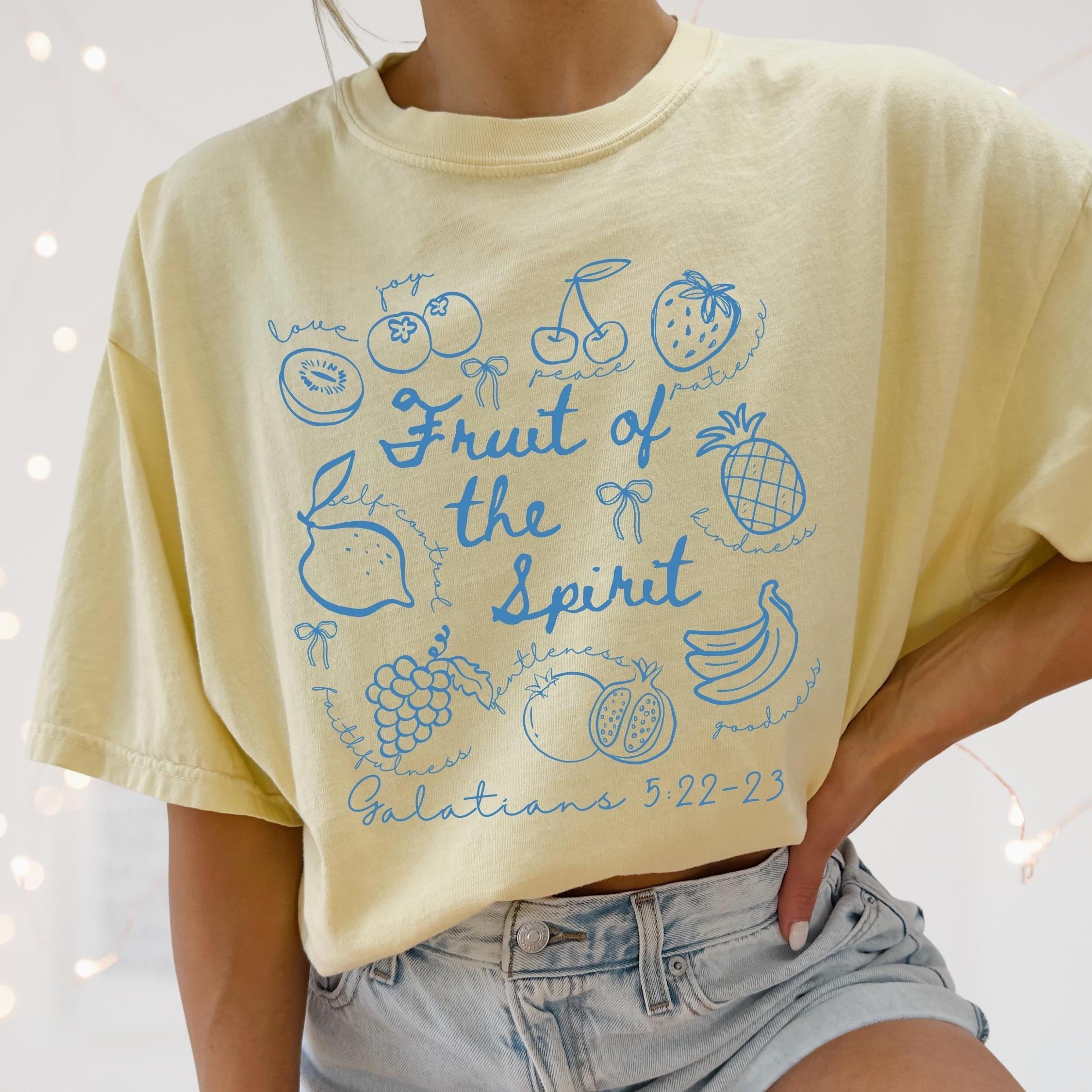 Fruit of the Spirit Christian Tshirt, Doodle Bible Verse Shirt, Preppy Oversized Beach Tee, Trendy Farmer's Market Jesus Faith Apparel
