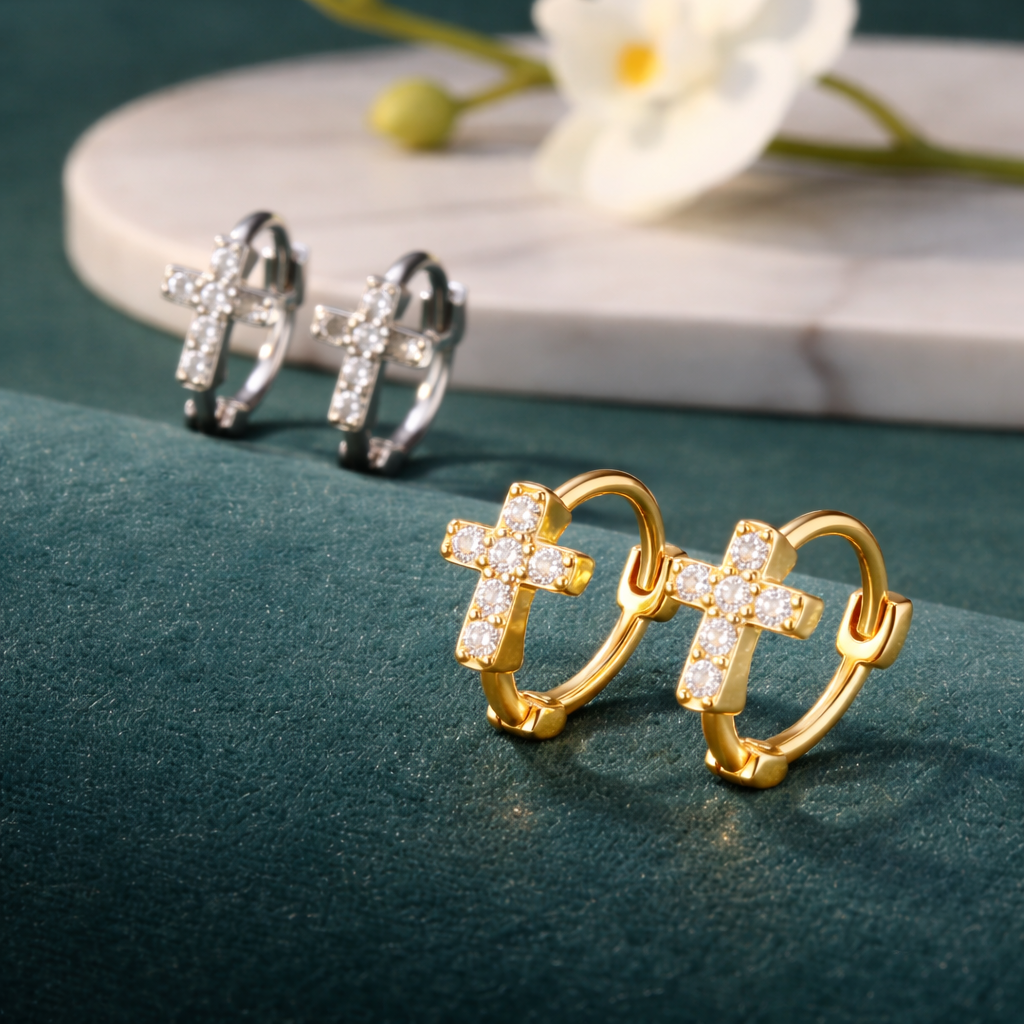 Crystal Cross Huggie Earrings, Silver Cross Hoop Earrings, Minimal Christian Jewelry, Faith Cross Earrings for Women, Religious Gift