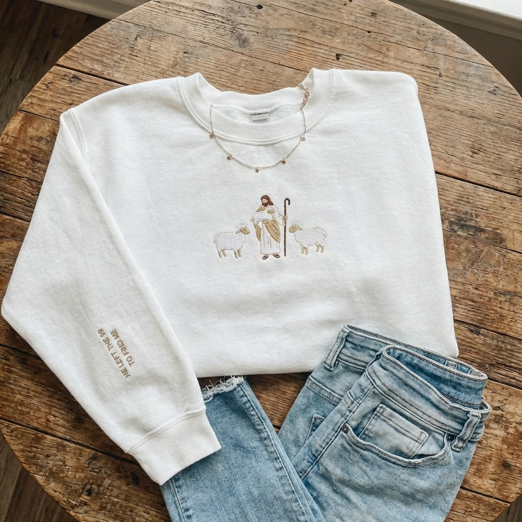 Embroidered 'Lost Sheep' Sweatshirt, Jesus Leaves the 99, The Lord is
