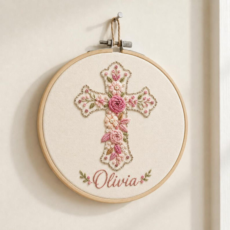 Personalized Floral Rose Cross Embroidery Hoop Art, Custom Name Christian Wall Decor, Baptism Gift, Handmade Religious Keepsake EH13