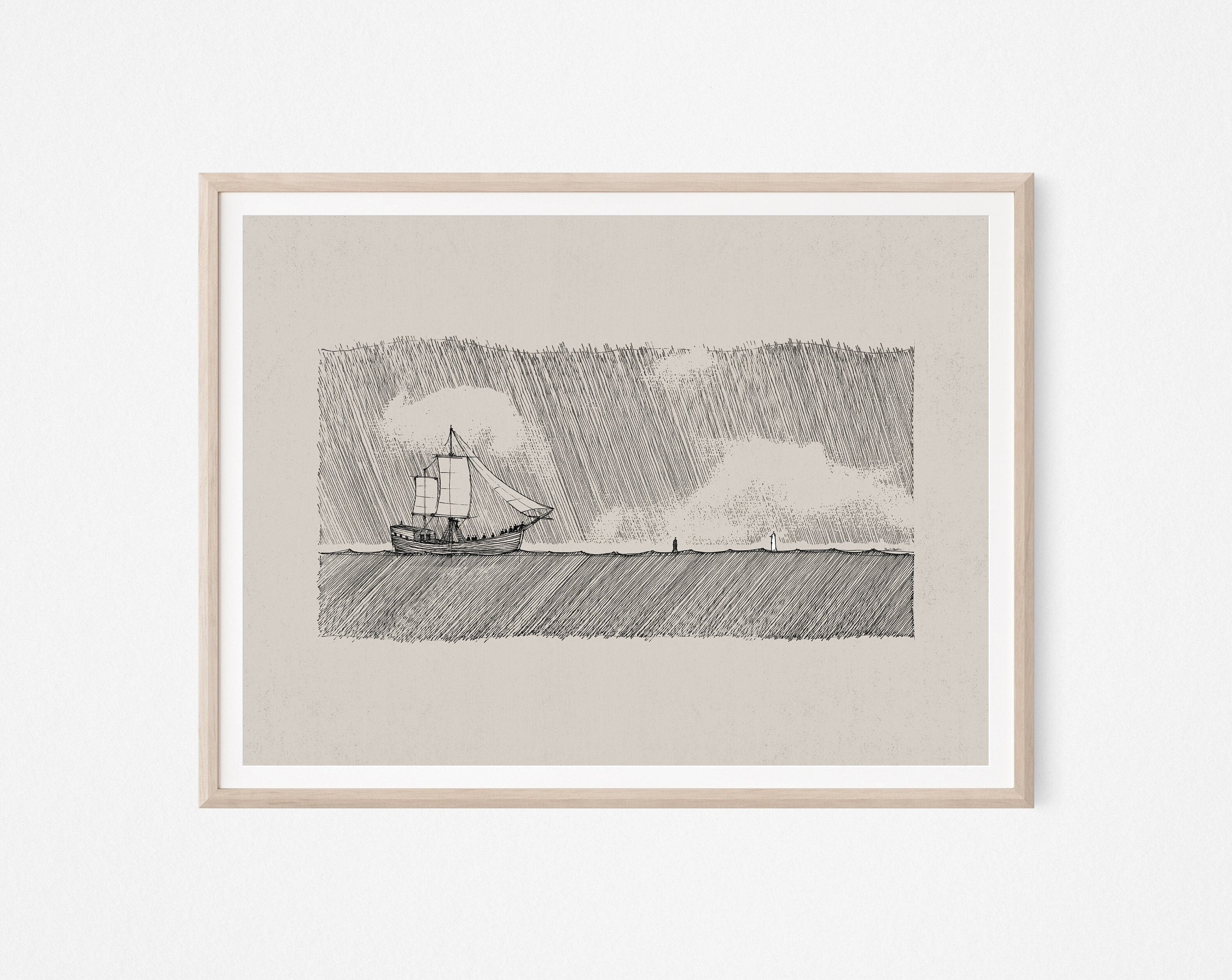 Walk on Water Poster, Minimalist Nautical Wall Art, Jesus Miracle Sea Sketch, Faith-Inspired Christian Print, Modern Coastal Home Decor