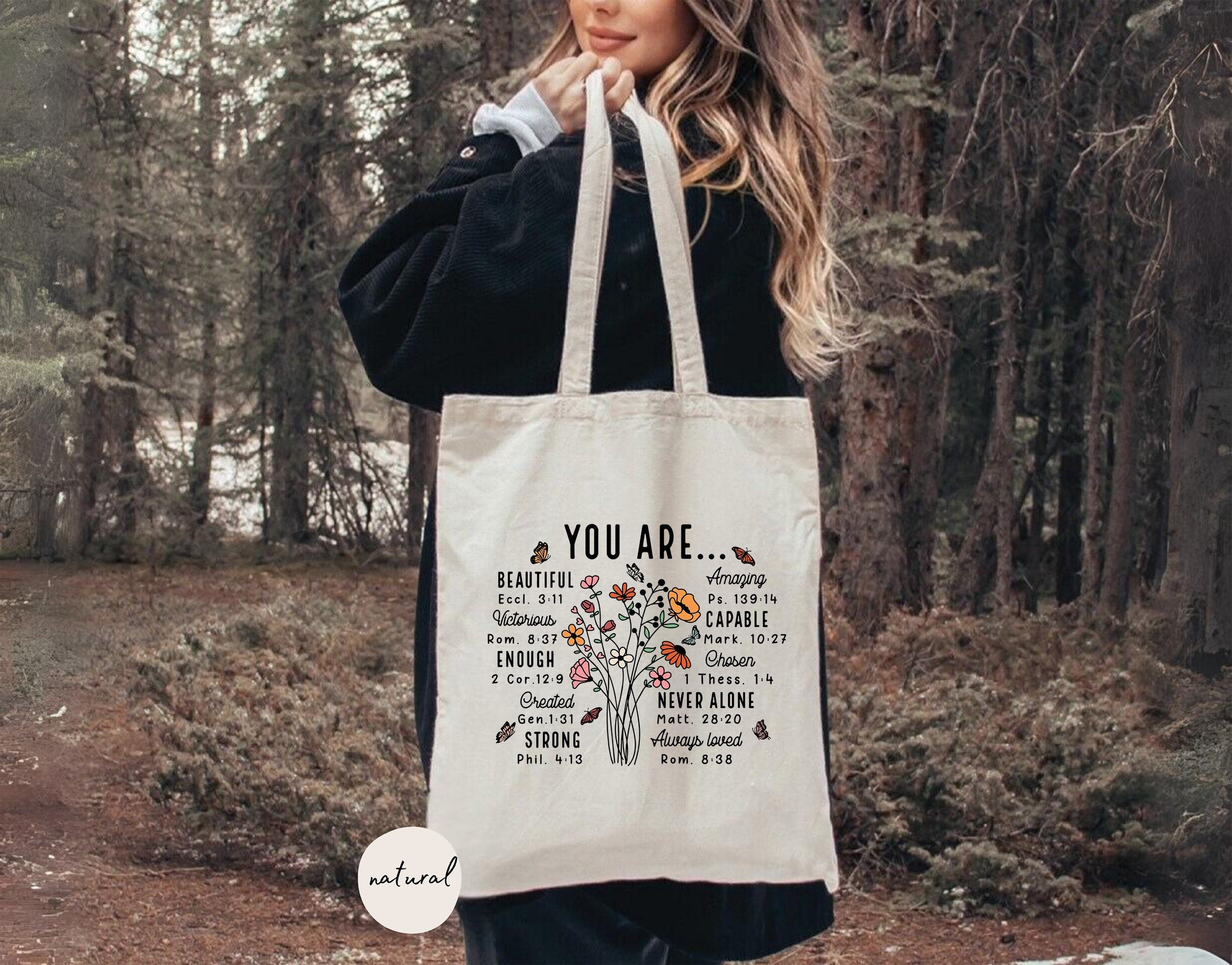 You Are Inspirational Tote Bag – Christian Canvas Tote – Bible Verse Floral Design – Faith-Based Gift for Women – Religious Gift – Christian Accessorie TBLAF10